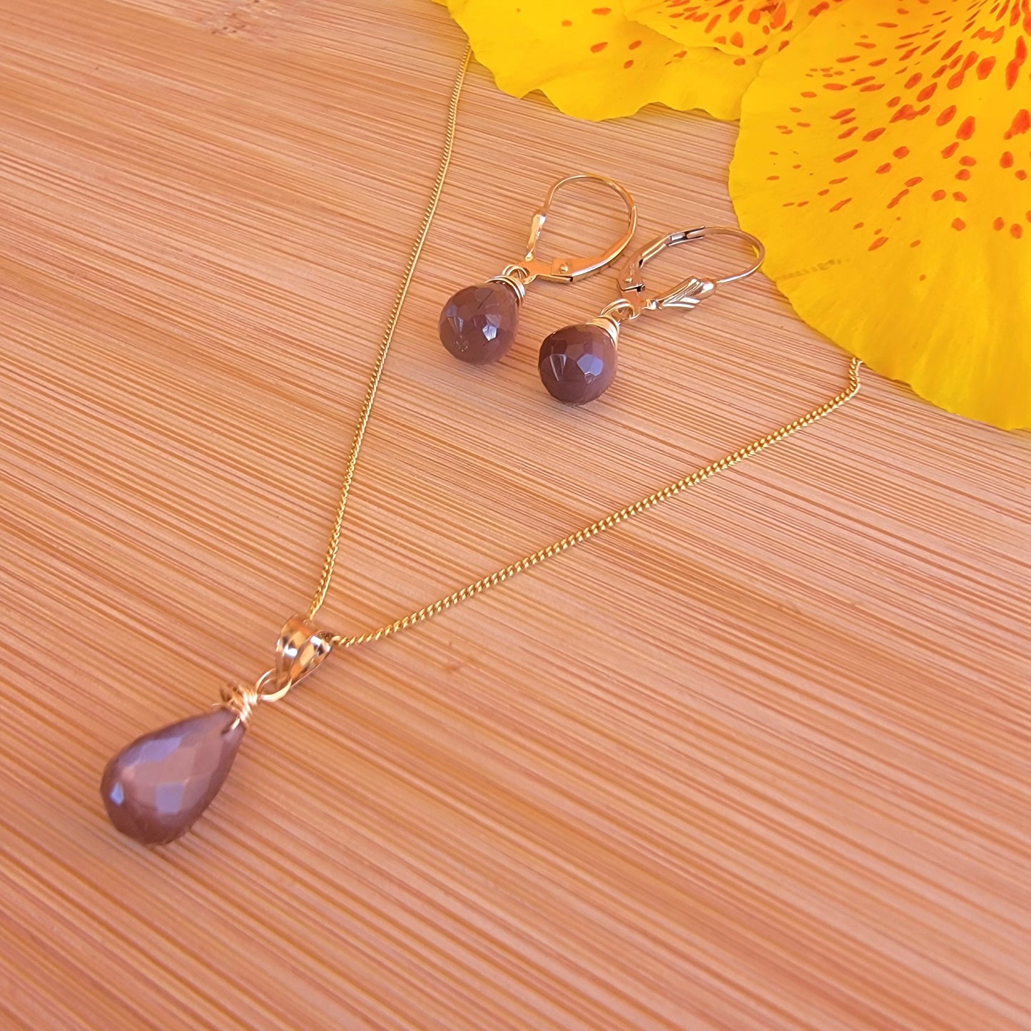 Jewelry Set Chocolate Moonstone Crystal Gemstone Earrings and Necklace gold June Birthstone