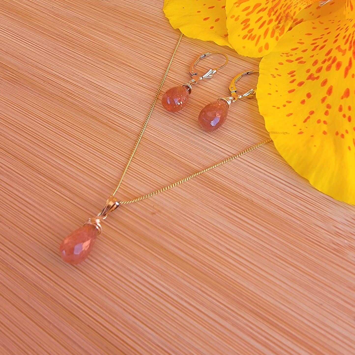 Jewelry Set Sunstone Crystal Gemstone Earrings and Necklace set 14k gold filled genuine precious stones