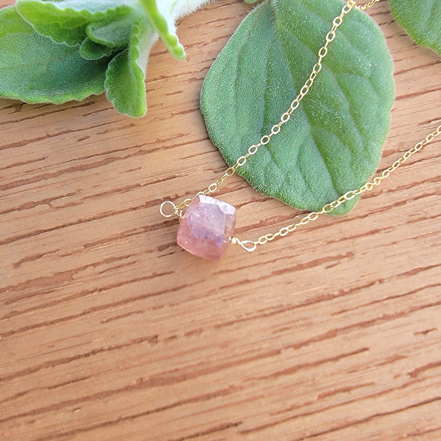 STRAWBERRY QUARTZ Floating Necklace Crystal Gemstone 14K Gold Filled Minimalist Jewelry Handmade