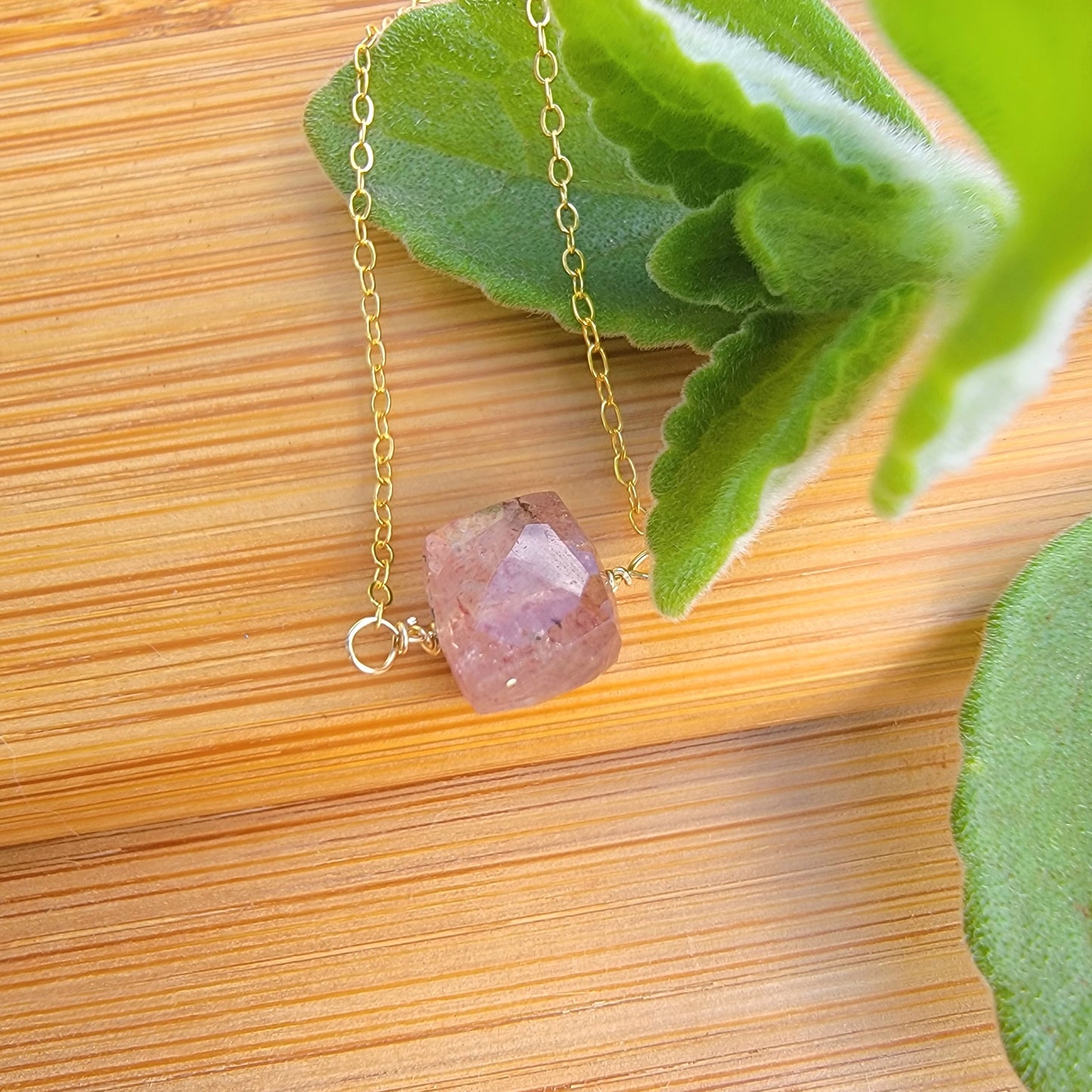 STRAWBERRY QUARTZ Floating Necklace Crystal Gemstone 14K Gold Filled Minimalist Jewelry Handmade