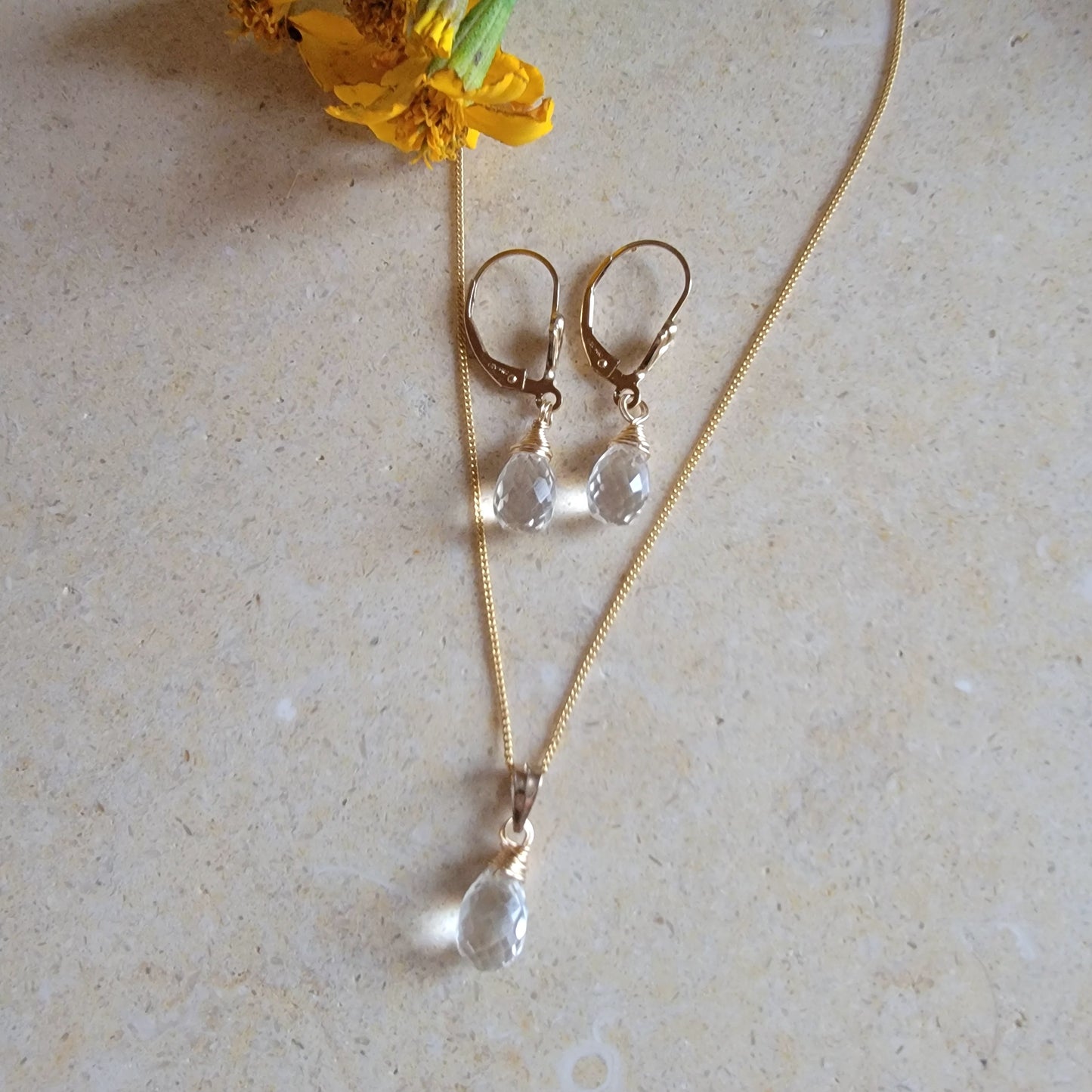 Jewelry Set Clear Rock Crystal Quartz Gemstone Earrings and Necklace set April Birthstone