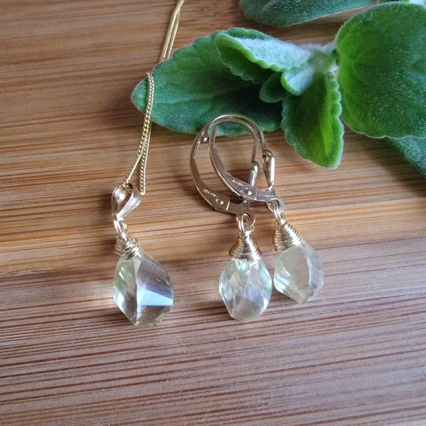 Jewelry Set Green Amethyst Prasiolite Crystal Gemstone Earrings and Necklace set February Birthstone