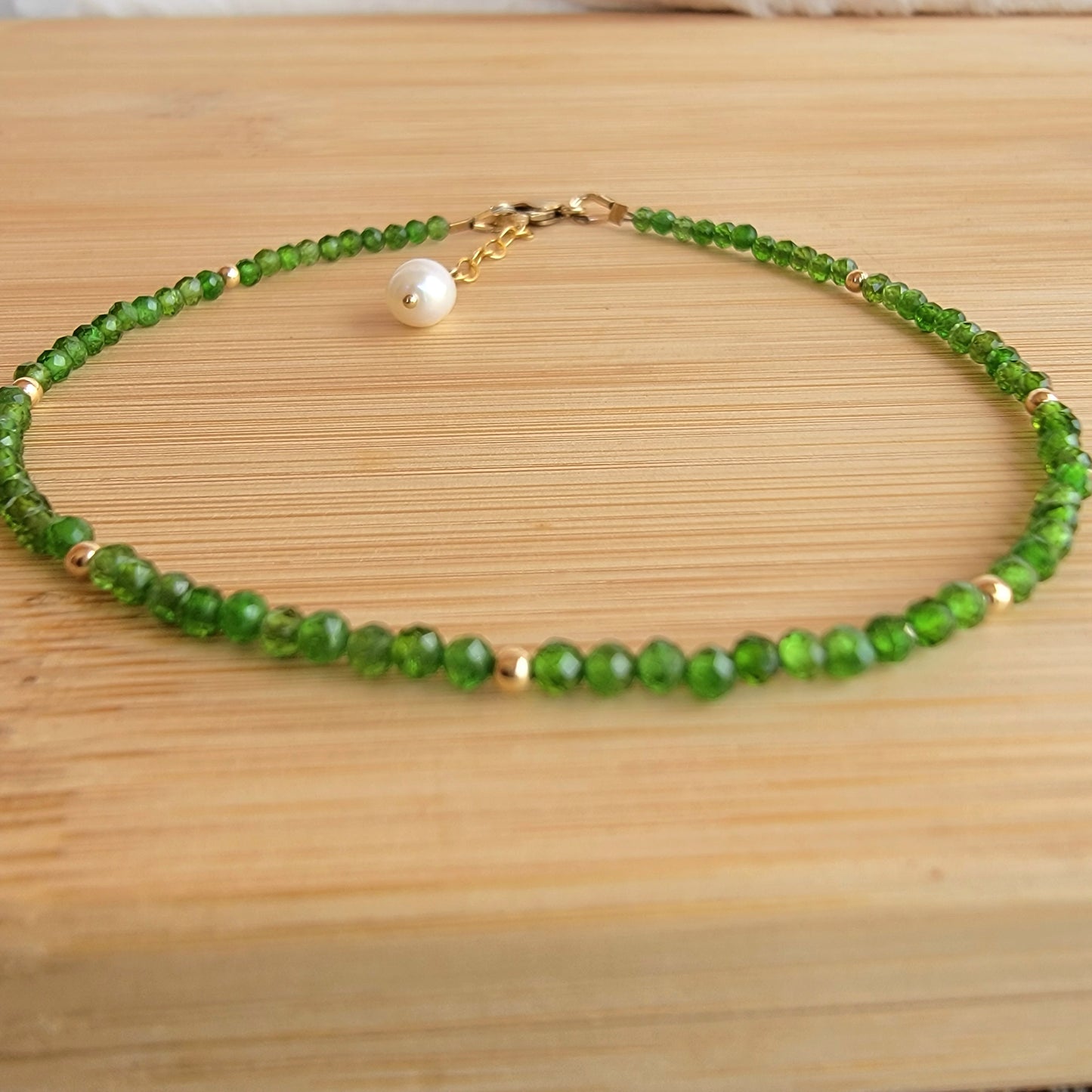 Chrome diopside beaded anklet crystal gemstone ankle bracelet 14k gold filled green
