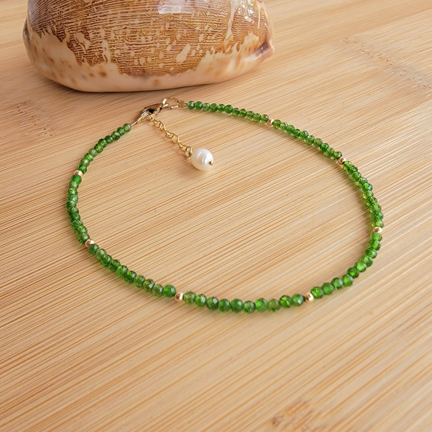 Chrome diopside beaded anklet crystal gemstone ankle bracelet 14k gold filled green