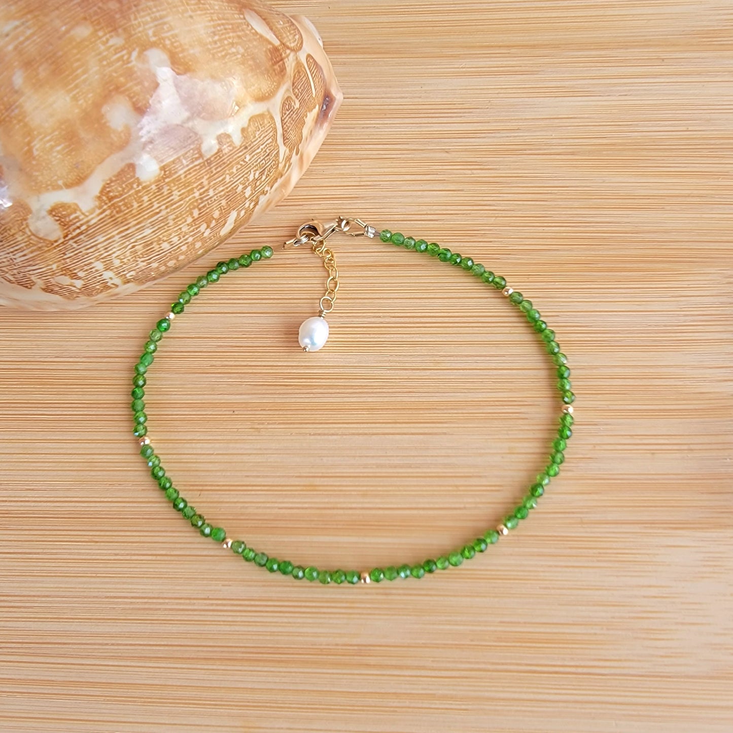 Chrome diopside beaded anklet crystal gemstone ankle bracelet 14k gold filled green