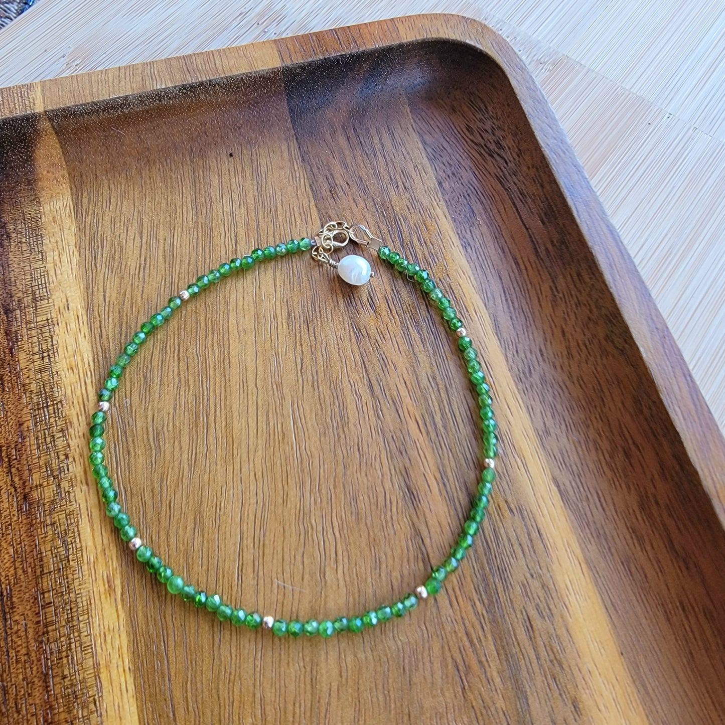 Chrome diopside beaded anklet crystal gemstone ankle bracelet 14k gold filled green