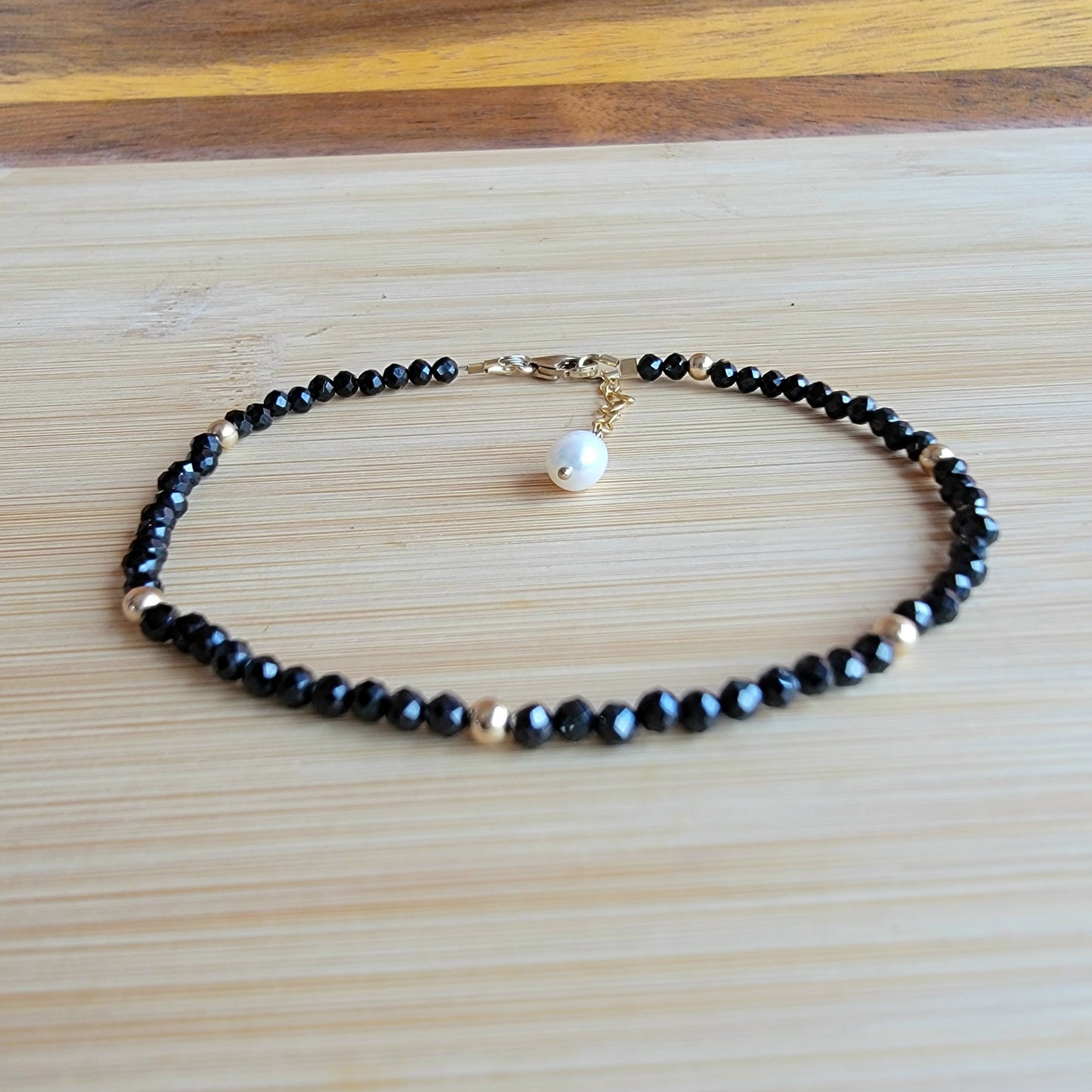 BLACK SPINEL beaded anklet crystal gemstone ankle bracelet 14k gold filled AUGUST BIRTHSTONE