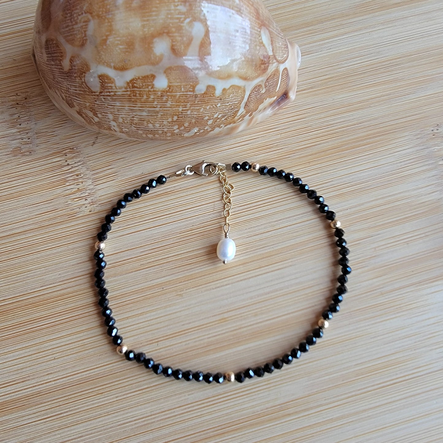 BLACK SPINEL beaded anklet crystal gemstone ankle bracelet 14k gold filled AUGUST BIRTHSTONE