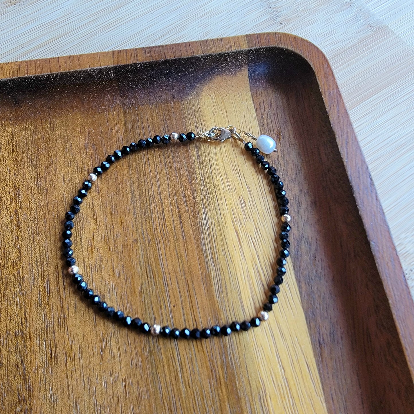 BLACK SPINEL beaded anklet crystal gemstone ankle bracelet 14k gold filled AUGUST BIRTHSTONE
