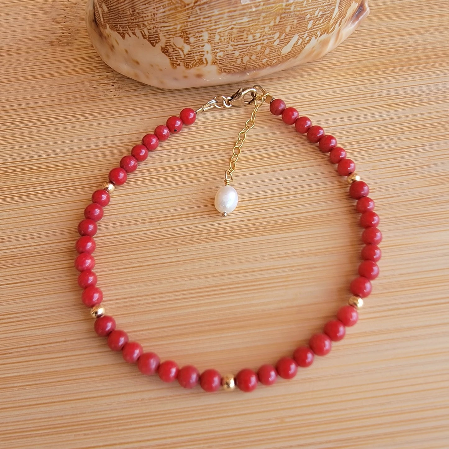 Red Coral Anklet Genuine Gemstone Crystal Beaded Dainty Anklet with Pearl Boho Jewelry Minimalist Tiny Handmade