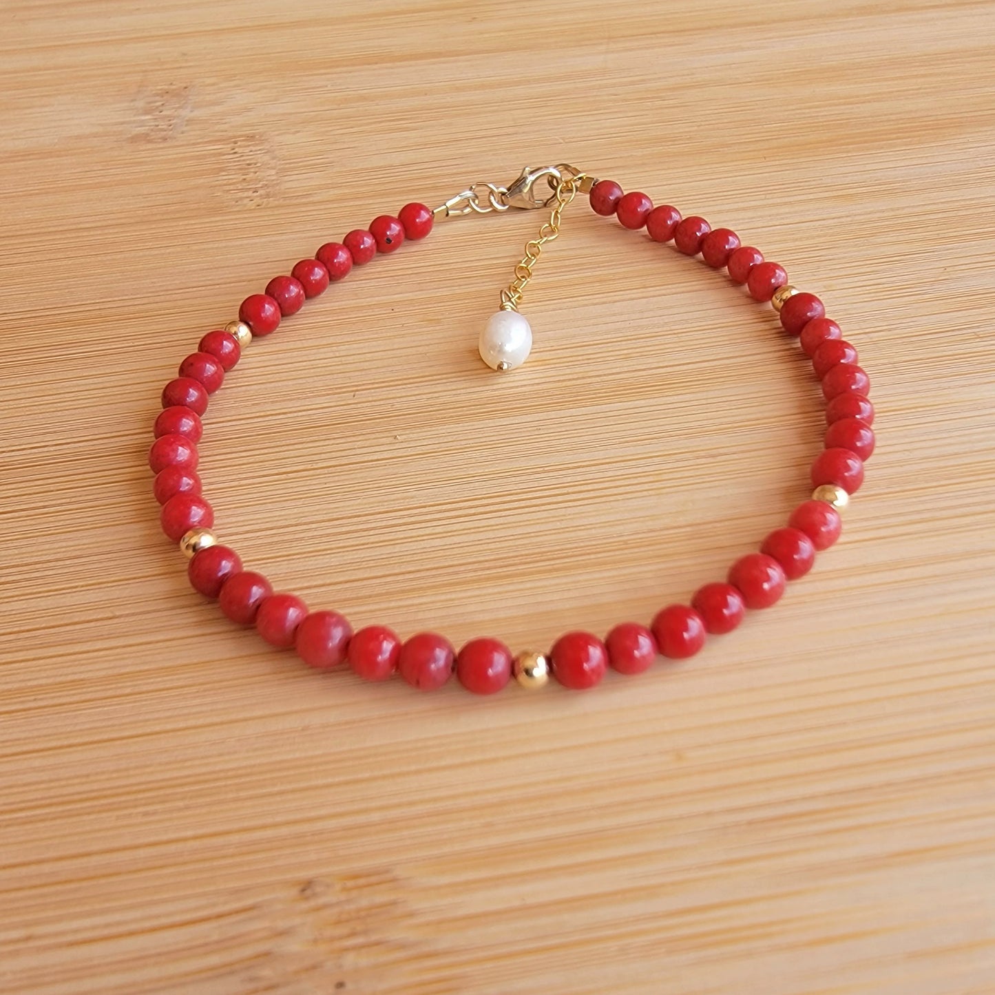 Red Coral Anklet Genuine Gemstone Crystal Beaded Dainty Anklet with Pearl Boho Jewelry Minimalist Tiny Handmade