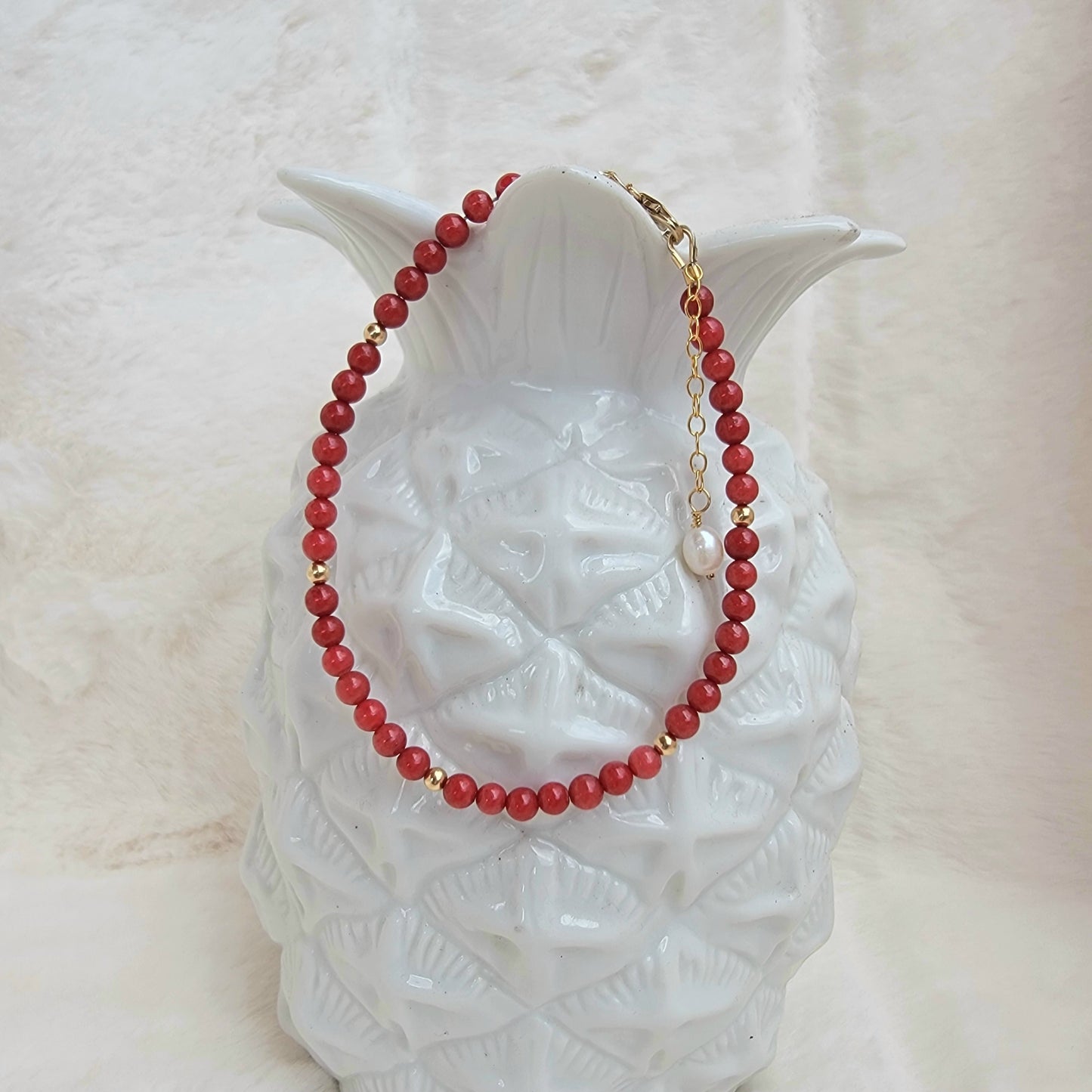 Red Coral Anklet Genuine Gemstone Crystal Beaded Dainty Anklet with Pearl Boho Jewelry Minimalist Tiny Handmade