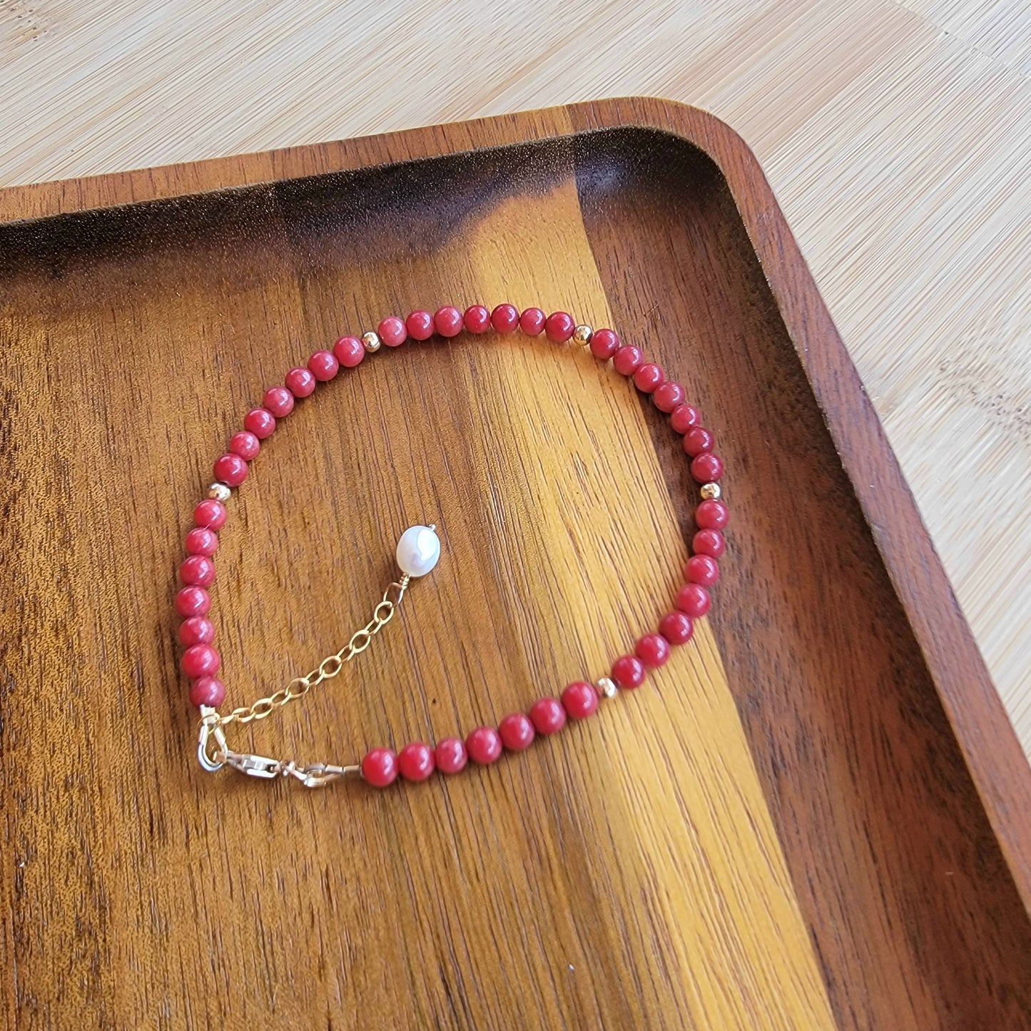 Red Coral Anklet Genuine Gemstone Crystal Beaded Dainty Anklet with Pearl Boho Jewelry Minimalist Tiny Handmade