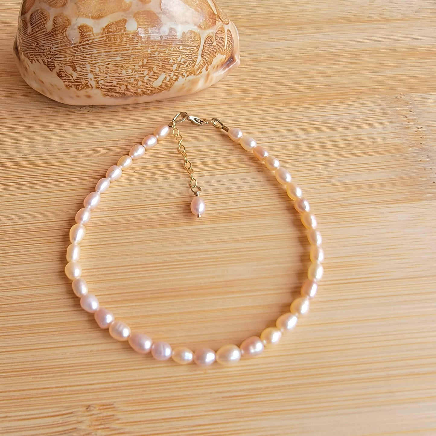 Peach pink pearl beaded anklet crystal gemstone ankle bracelet 14k gold filled
