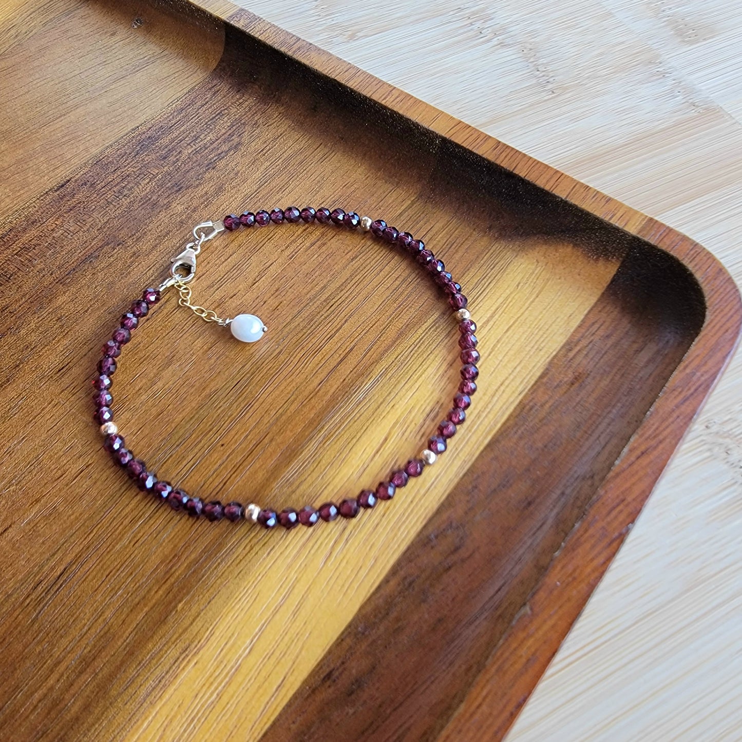Garnet Anklet Genuine Gemstone Crystal Beaded Dainty Anklet with Pearl Boho Jewelry Minimalist Tiny January Birthstone