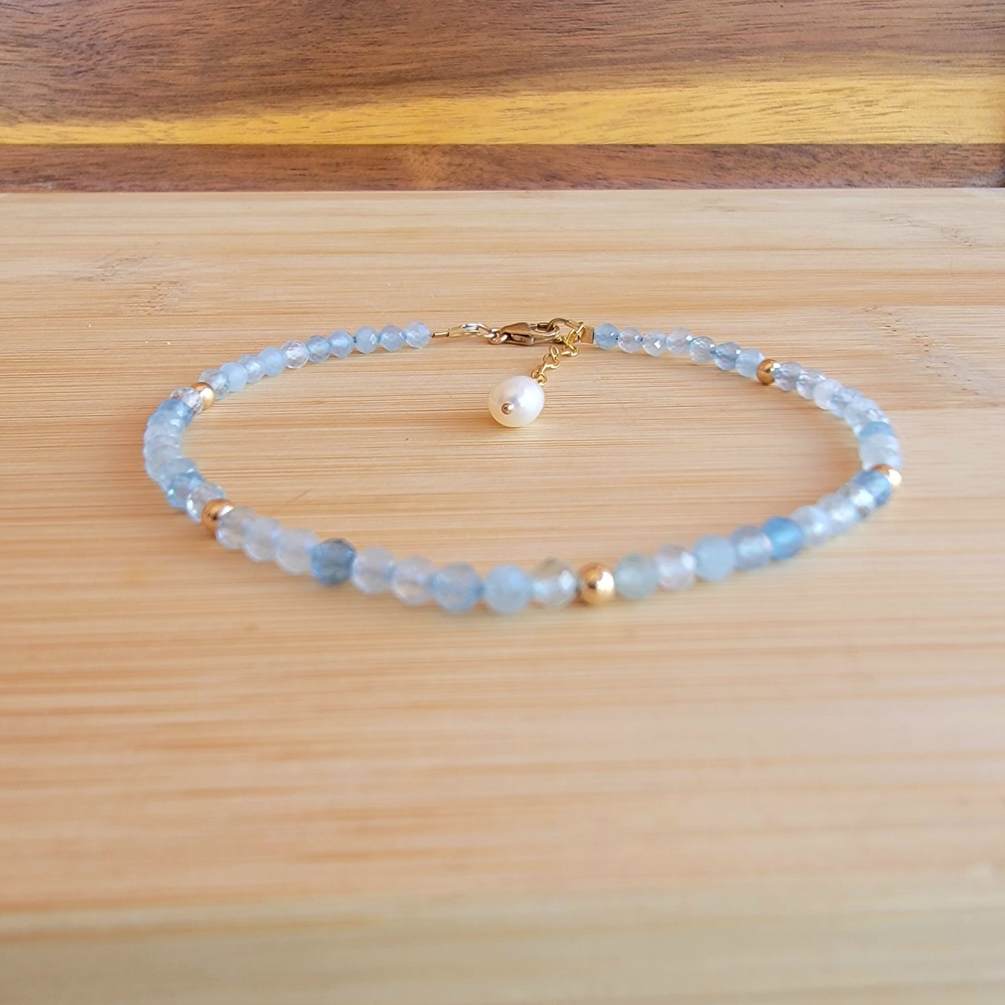 Aquamarine beaded anklet crystal gemstone ankle bracelet 14k gold filled march birthstone