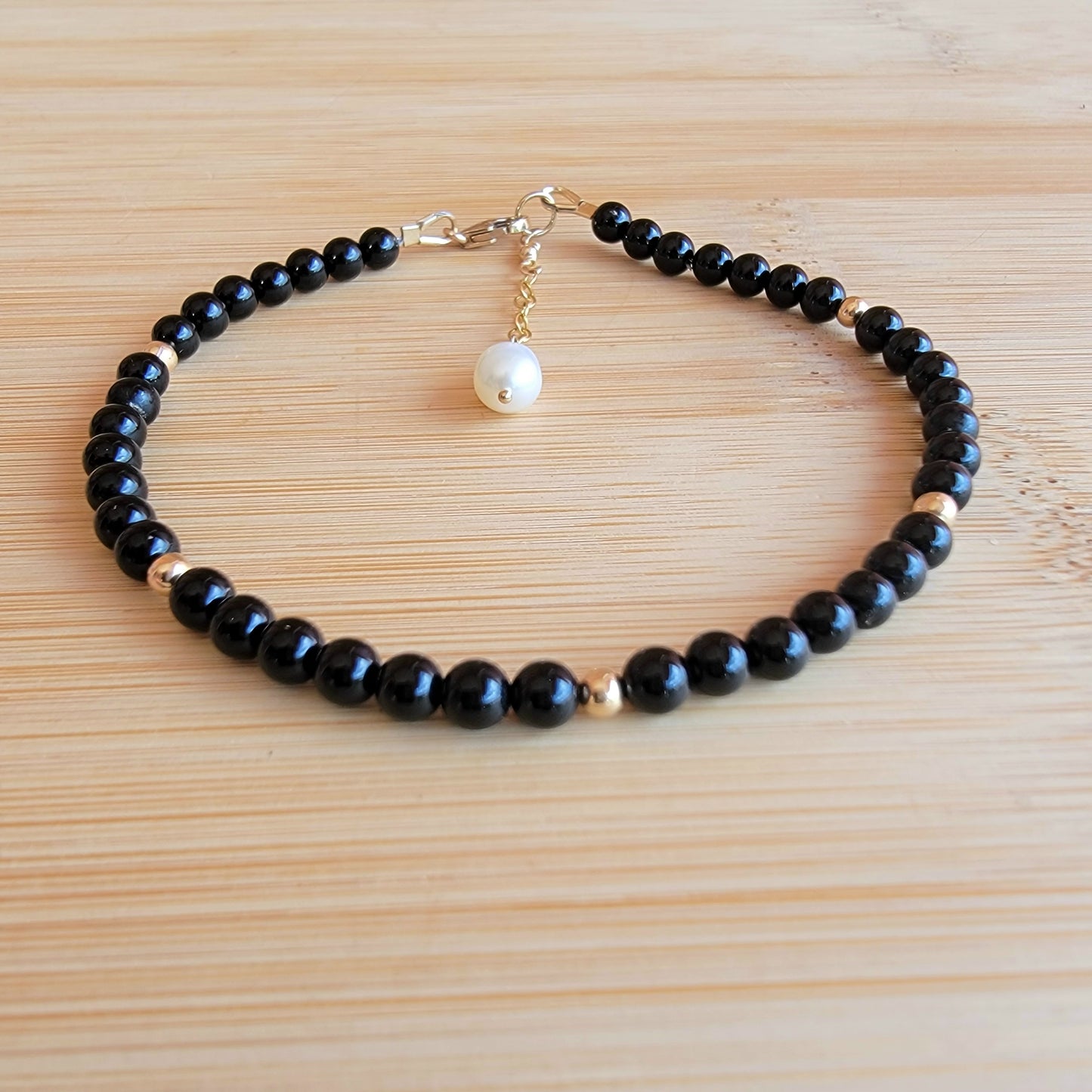 Black onyx beaded anklet crystal gemstone ankle bracelet 14k gold filled