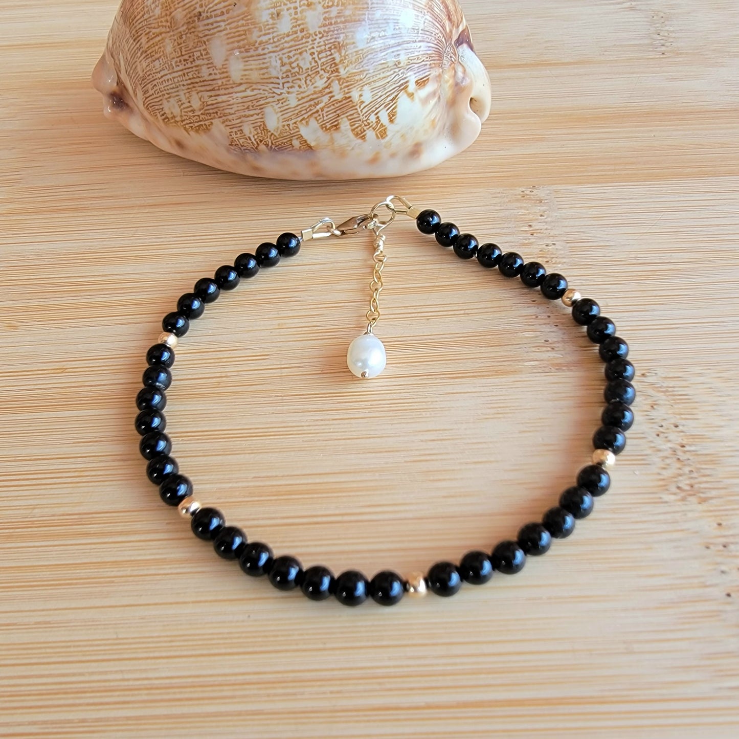 Black onyx beaded anklet crystal gemstone ankle bracelet 14k gold filled