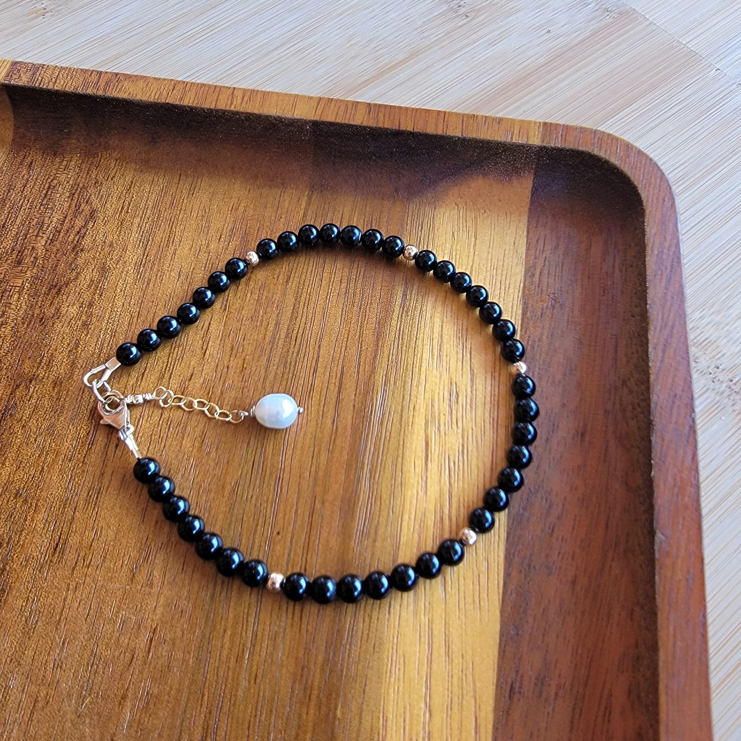 Black onyx beaded anklet crystal gemstone ankle bracelet 14k gold filled