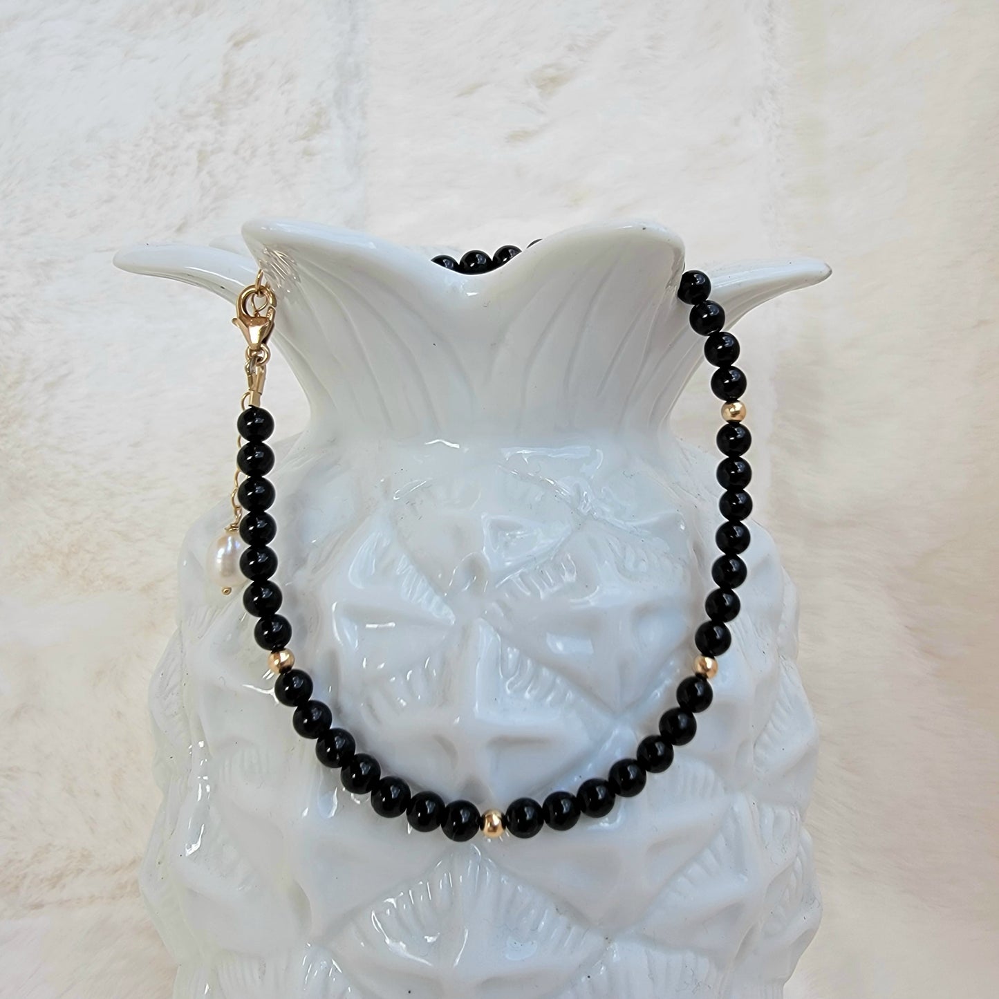 Black onyx beaded anklet crystal gemstone ankle bracelet 14k gold filled