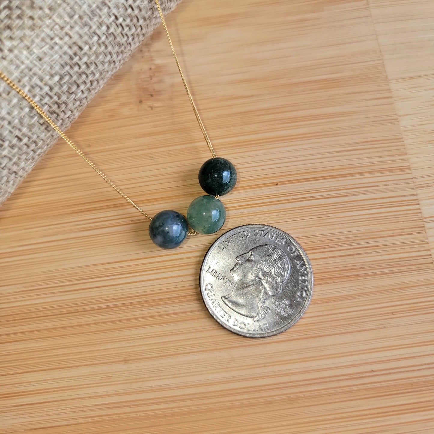Green Moss Agate Floating Necklace 3 Stone Crystal Gemstone Minimalist Jewelry Handmade Simple