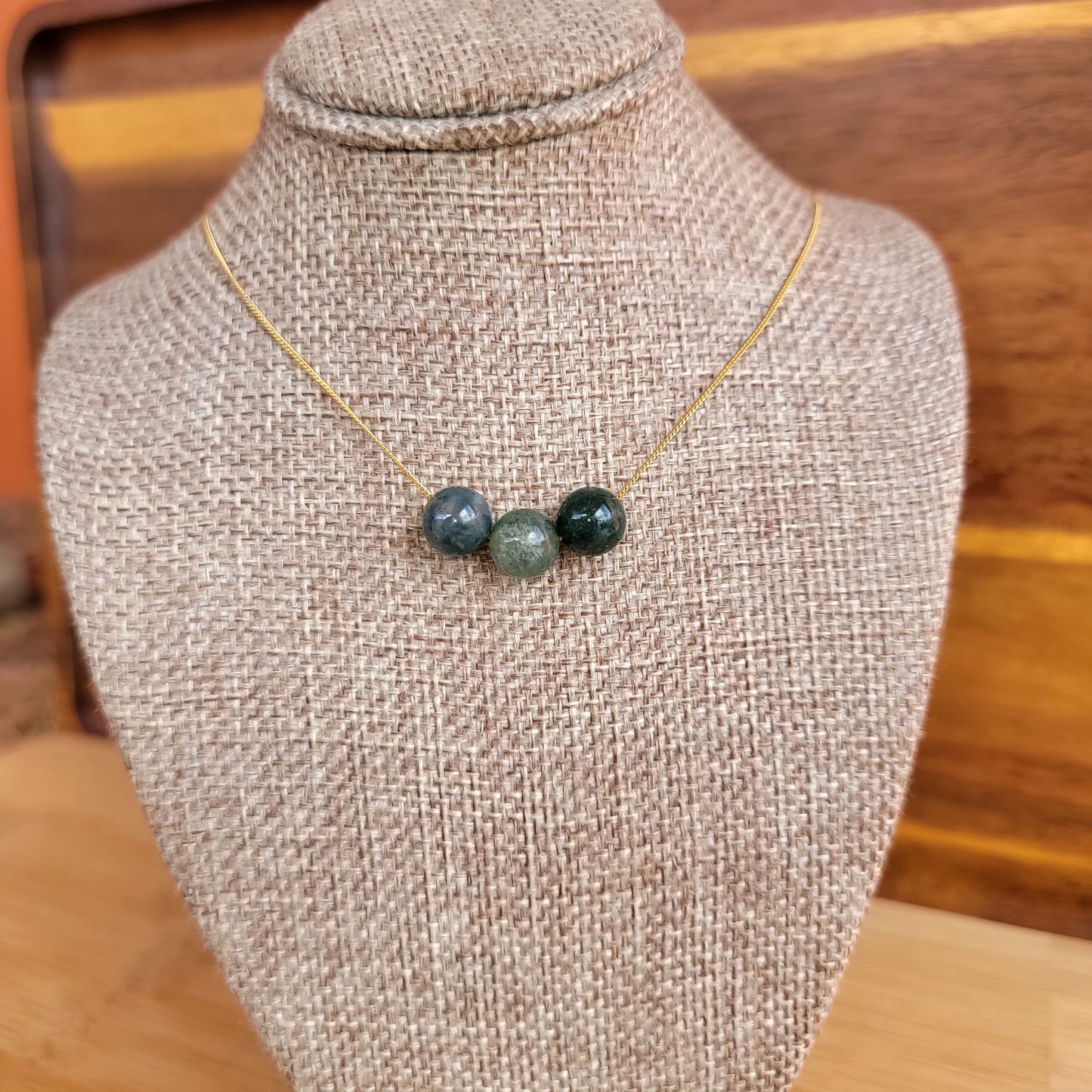 Green Moss Agate Floating Necklace 3 Stone Crystal Gemstone Minimalist Jewelry Handmade Simple