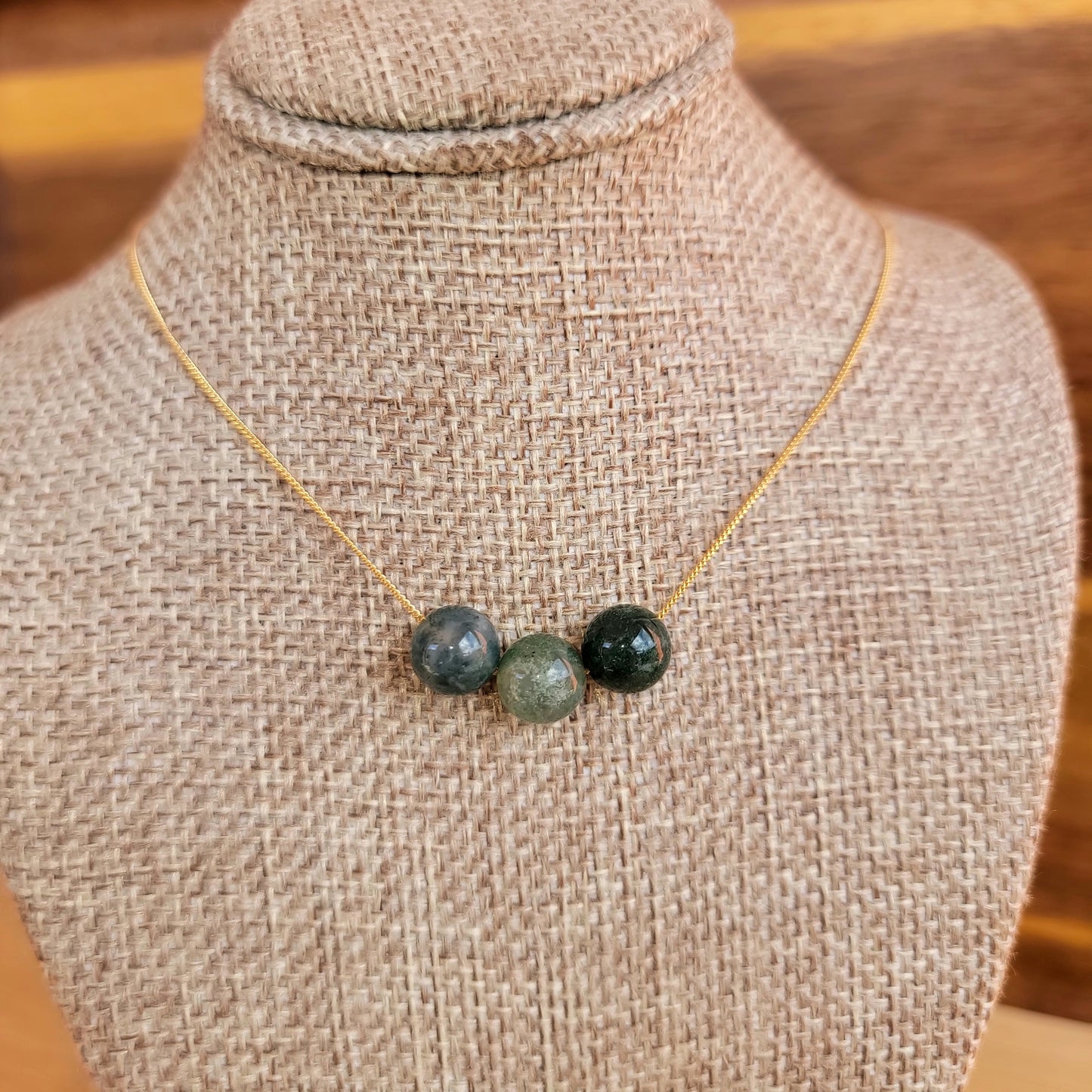Green Moss Agate Floating Necklace 3 Stone Crystal Gemstone Minimalist Jewelry Handmade Simple