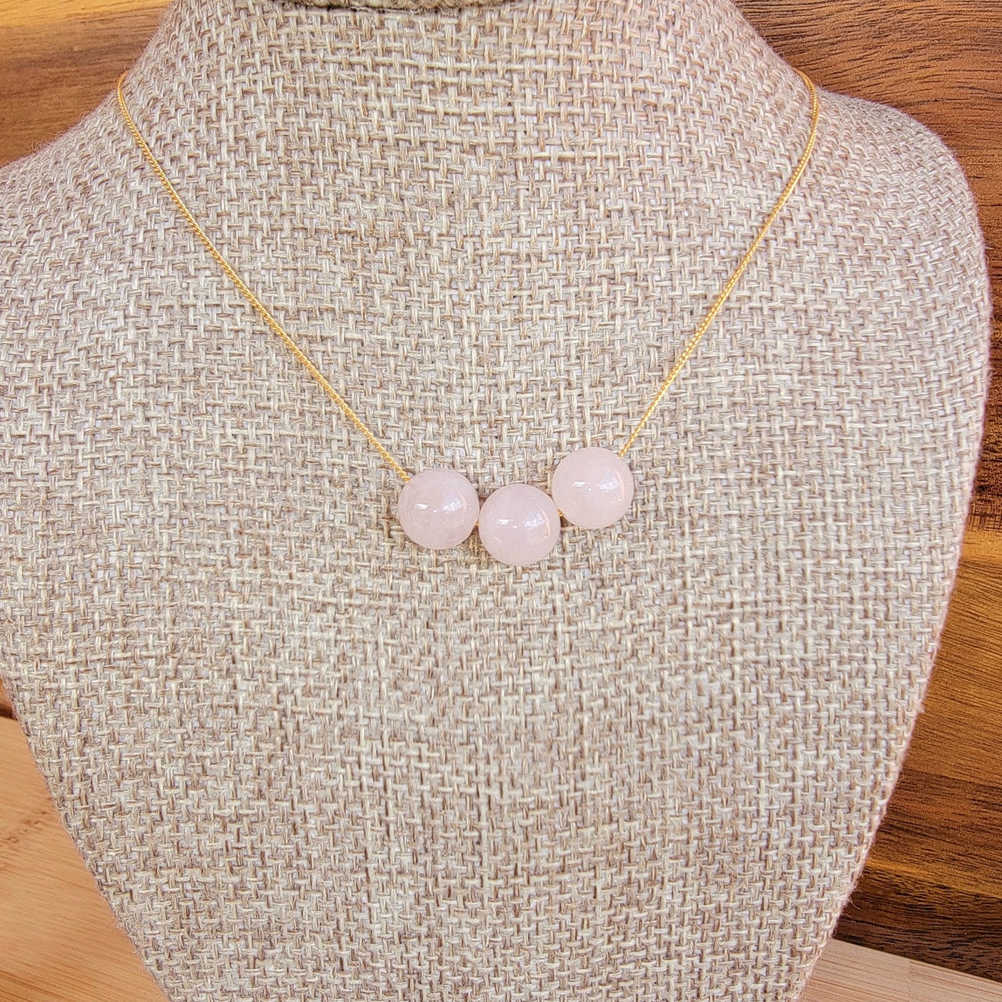 Rose Quartz Floating Necklace 3 Stone Crystal Gemstone Gold Minimalist Jewelry Handmade Simple