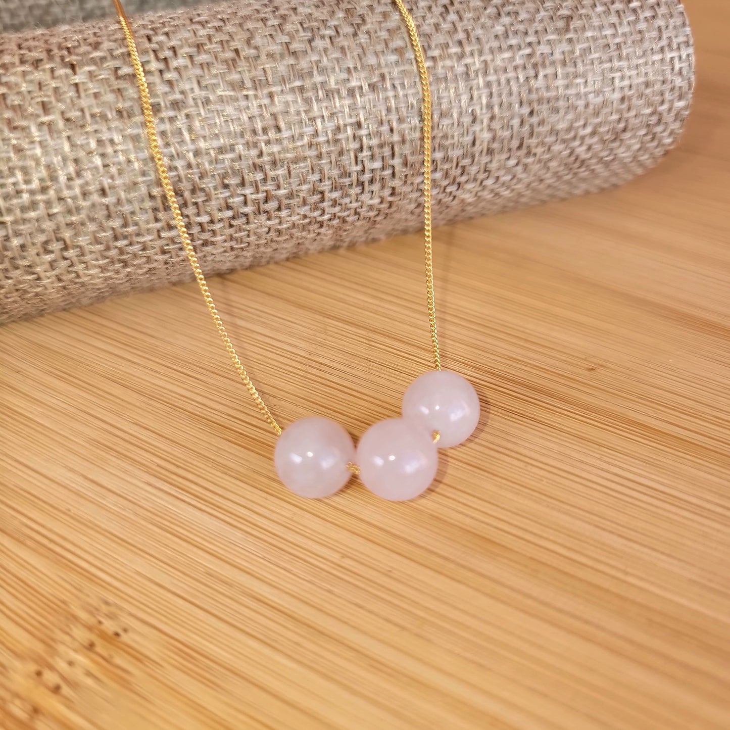Rose Quartz Floating Necklace 3 Stone Crystal Gemstone Gold Minimalist Jewelry Handmade Simple