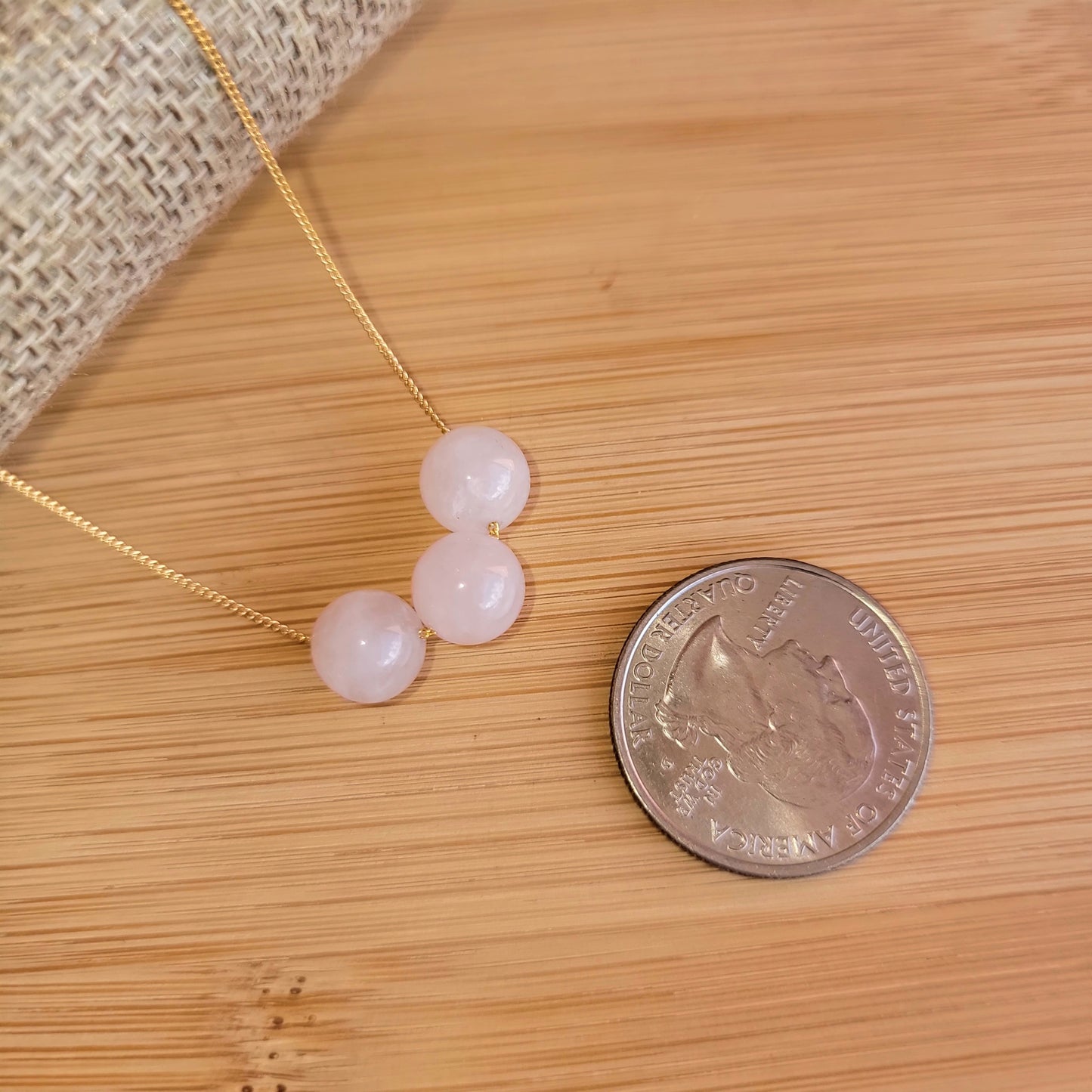 Rose Quartz Floating Necklace 3 Stone Crystal Gemstone Gold Minimalist Jewelry Handmade Simple