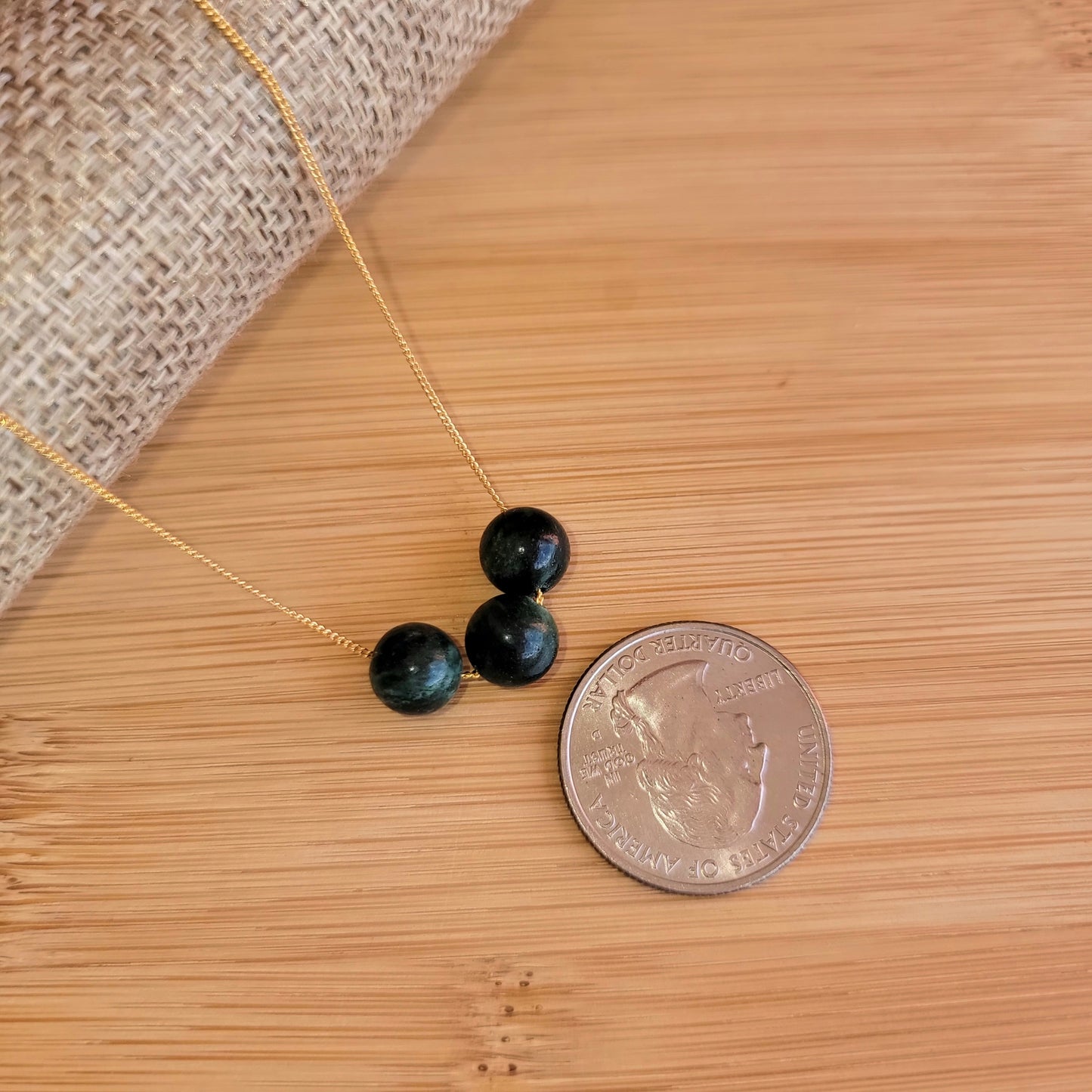 Green Emerald Floating Necklace 3 Stone Crystal Gemstone Gold Minimalist Jewelry Handmade Simple May Birthstone