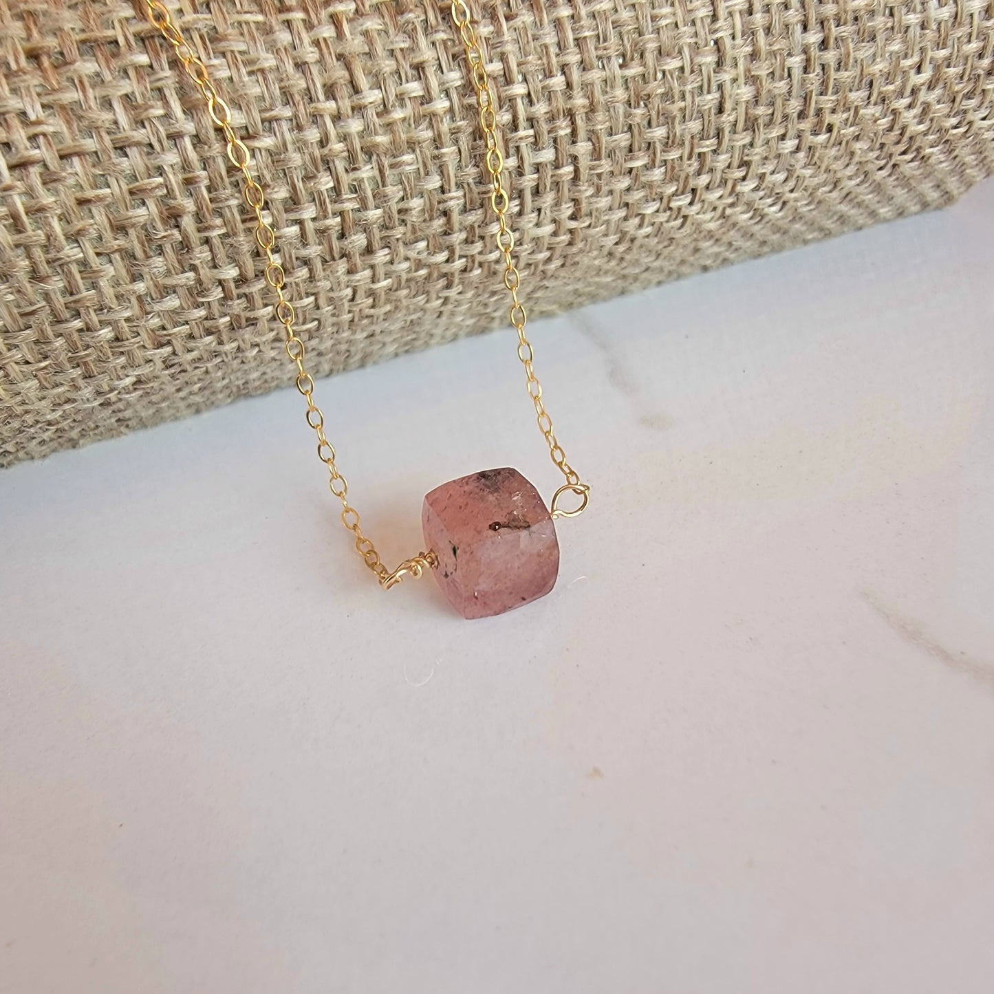 STRAWBERRY QUARTZ Floating Necklace Crystal Gemstone 14K Gold Filled Minimalist Jewelry Handmade