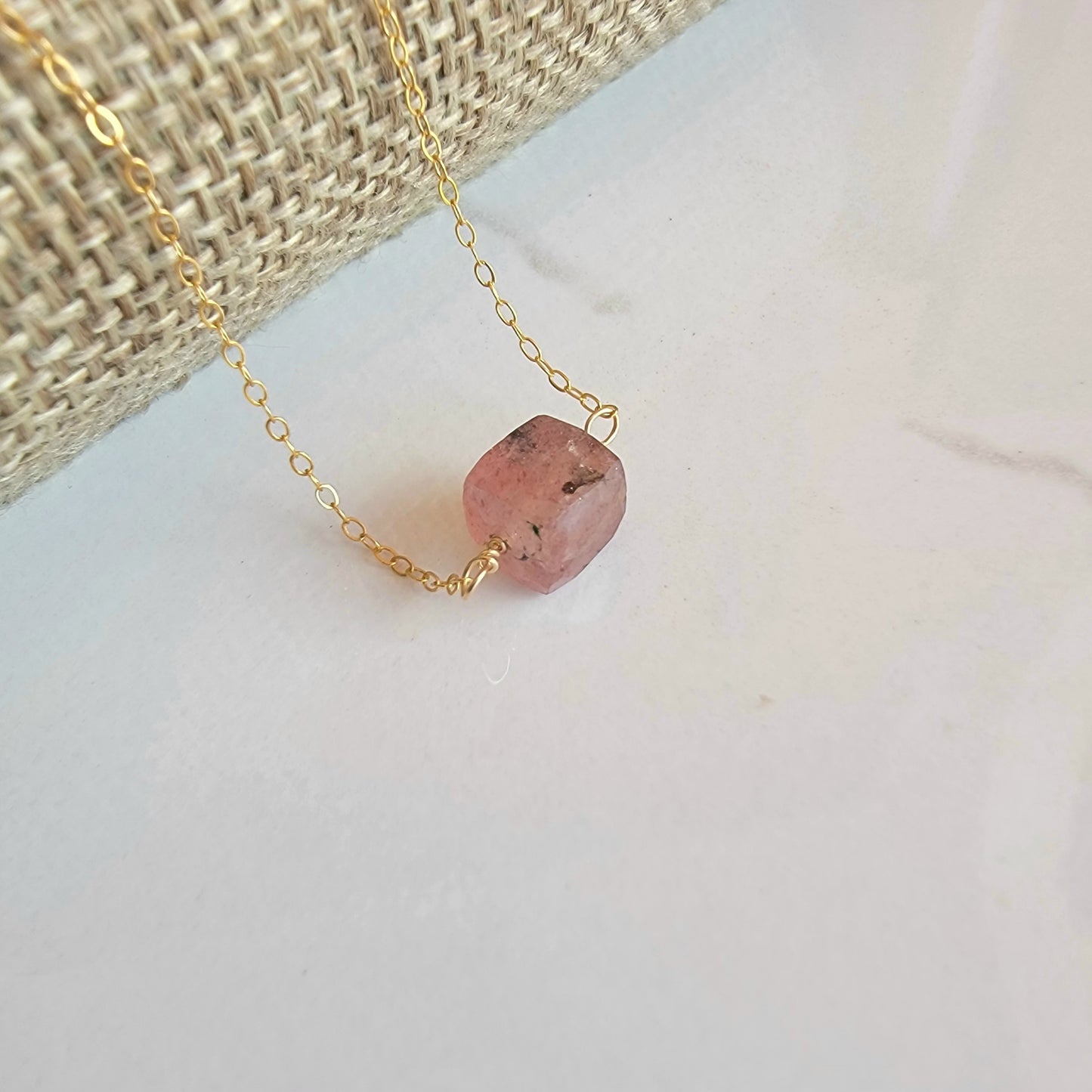 STRAWBERRY QUARTZ Floating Necklace Crystal Gemstone 14K Gold Filled Minimalist Jewelry Handmade