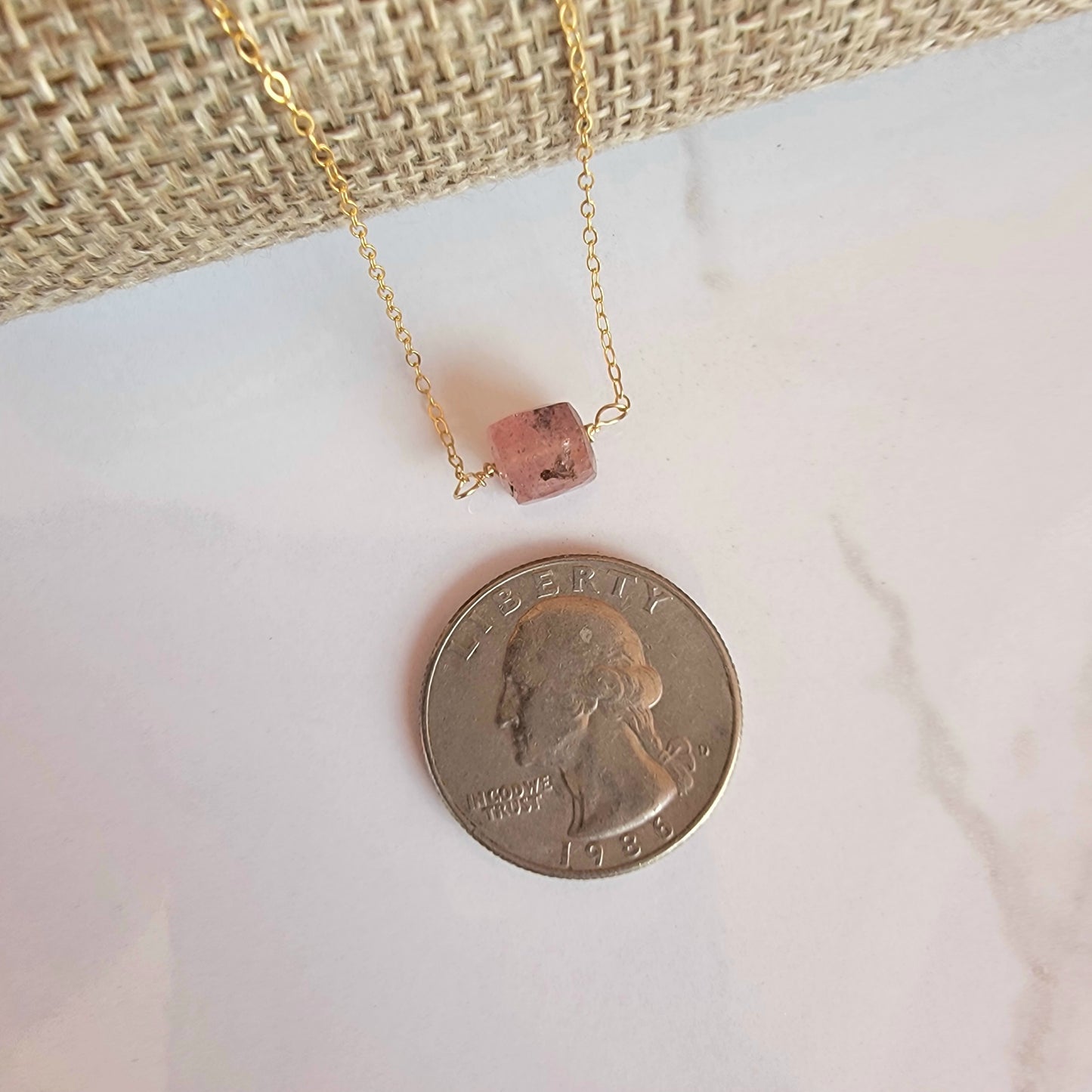 STRAWBERRY QUARTZ Floating Necklace Crystal Gemstone 14K Gold Filled Minimalist Jewelry Handmade