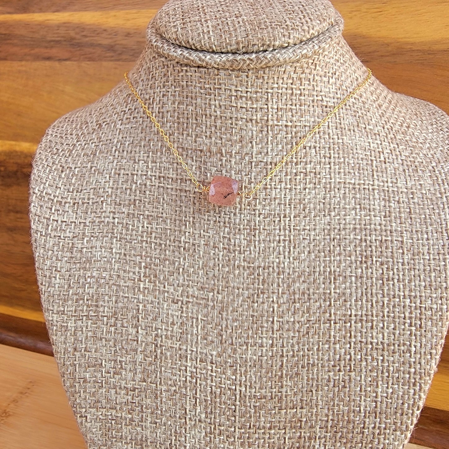 STRAWBERRY QUARTZ Floating Necklace Crystal Gemstone 14K Gold Filled Minimalist Jewelry Handmade
