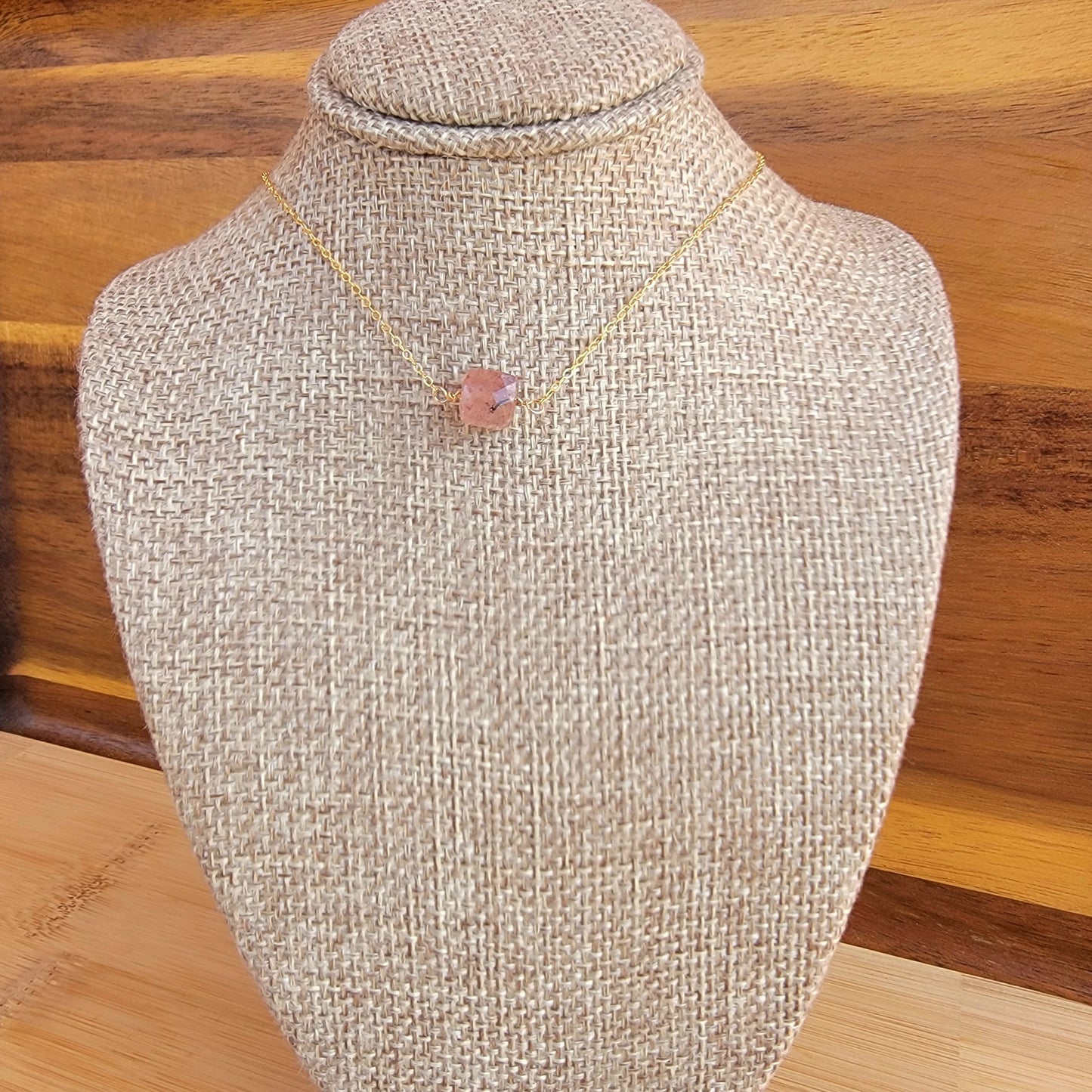 STRAWBERRY QUARTZ Floating Necklace Crystal Gemstone 14K Gold Filled Minimalist Jewelry Handmade