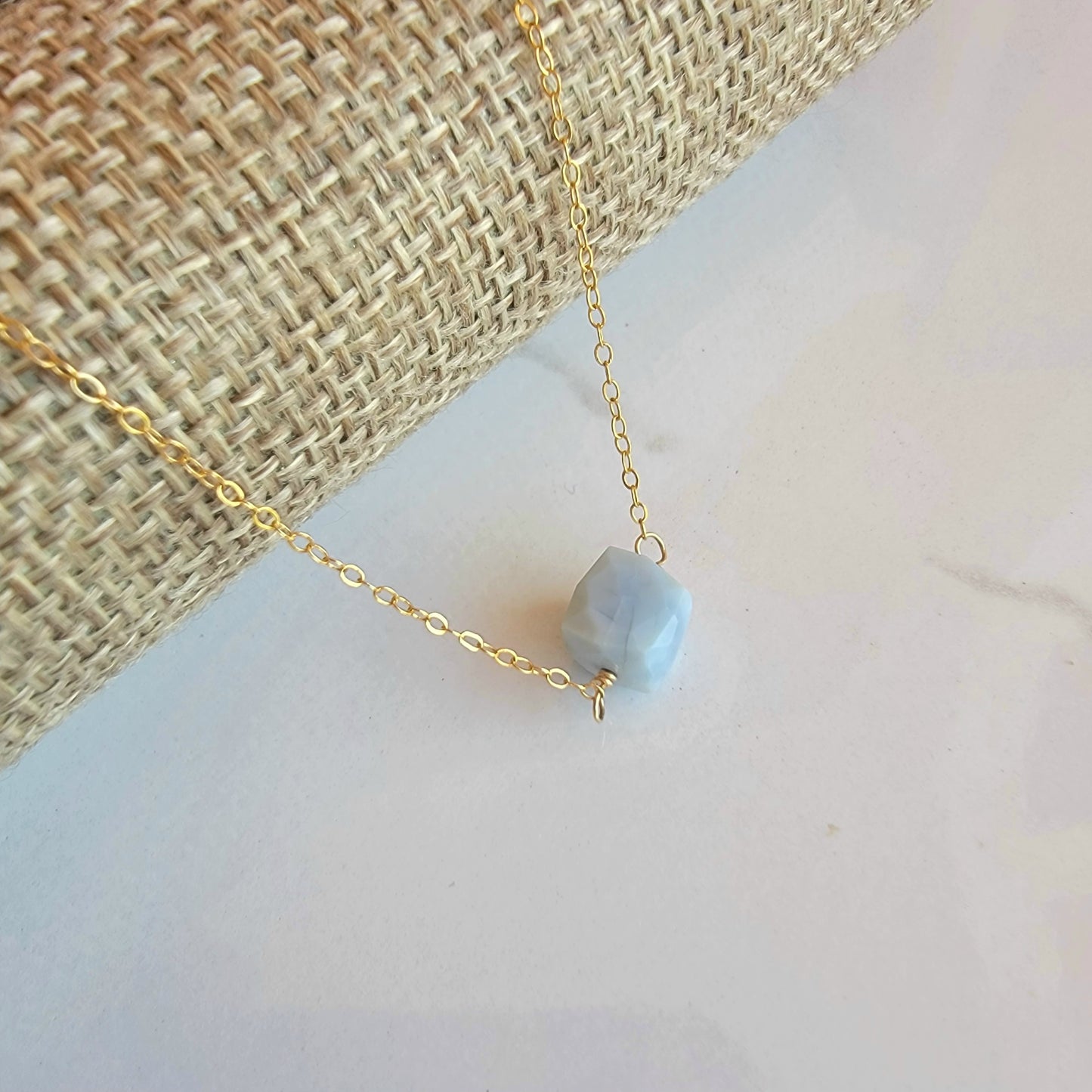 Blue Opal Floating Necklace Crystal Gemstone 14K Gold Filled Minimalist Jewelry Handmade