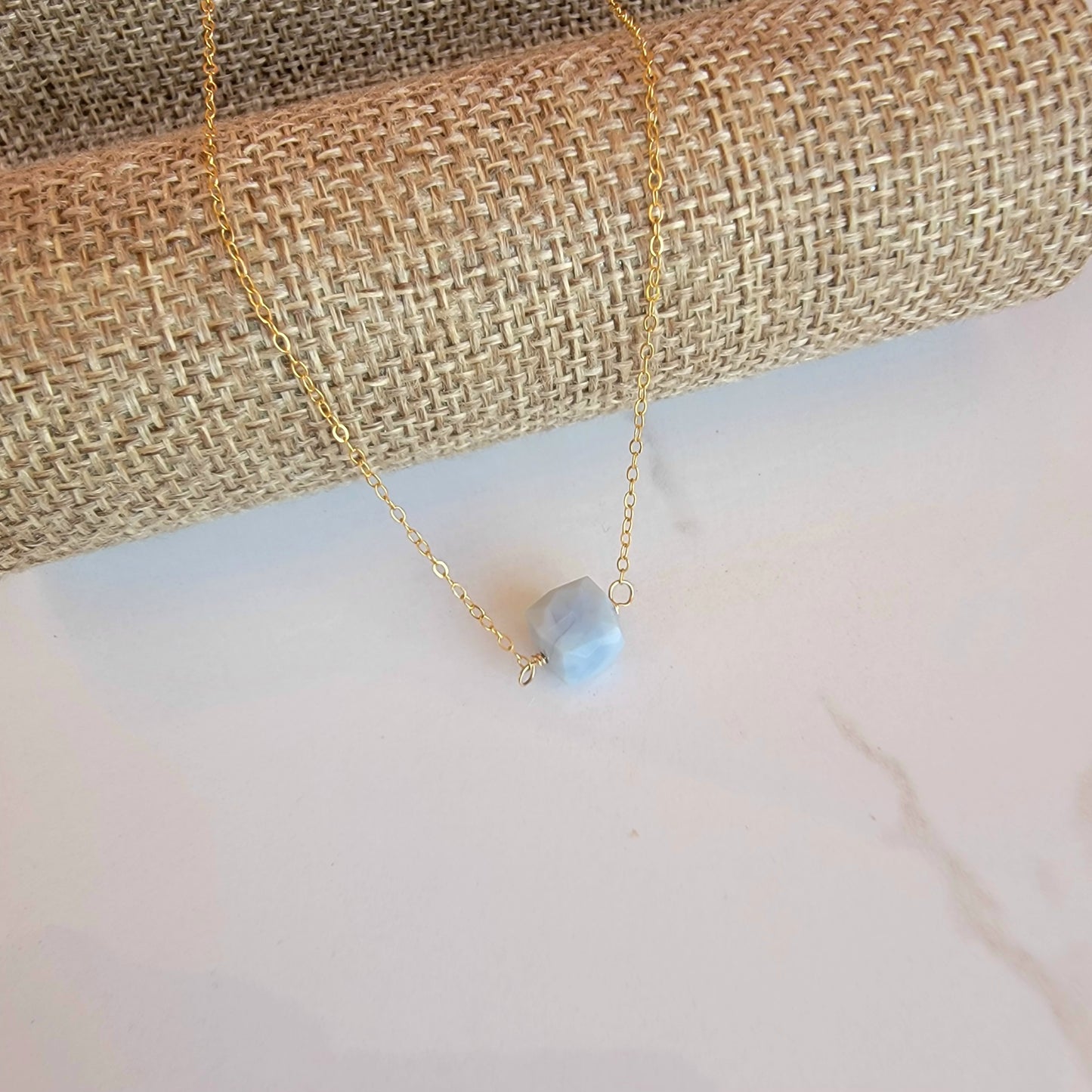 Blue Opal Floating Necklace Crystal Gemstone 14K Gold Filled Minimalist Jewelry Handmade