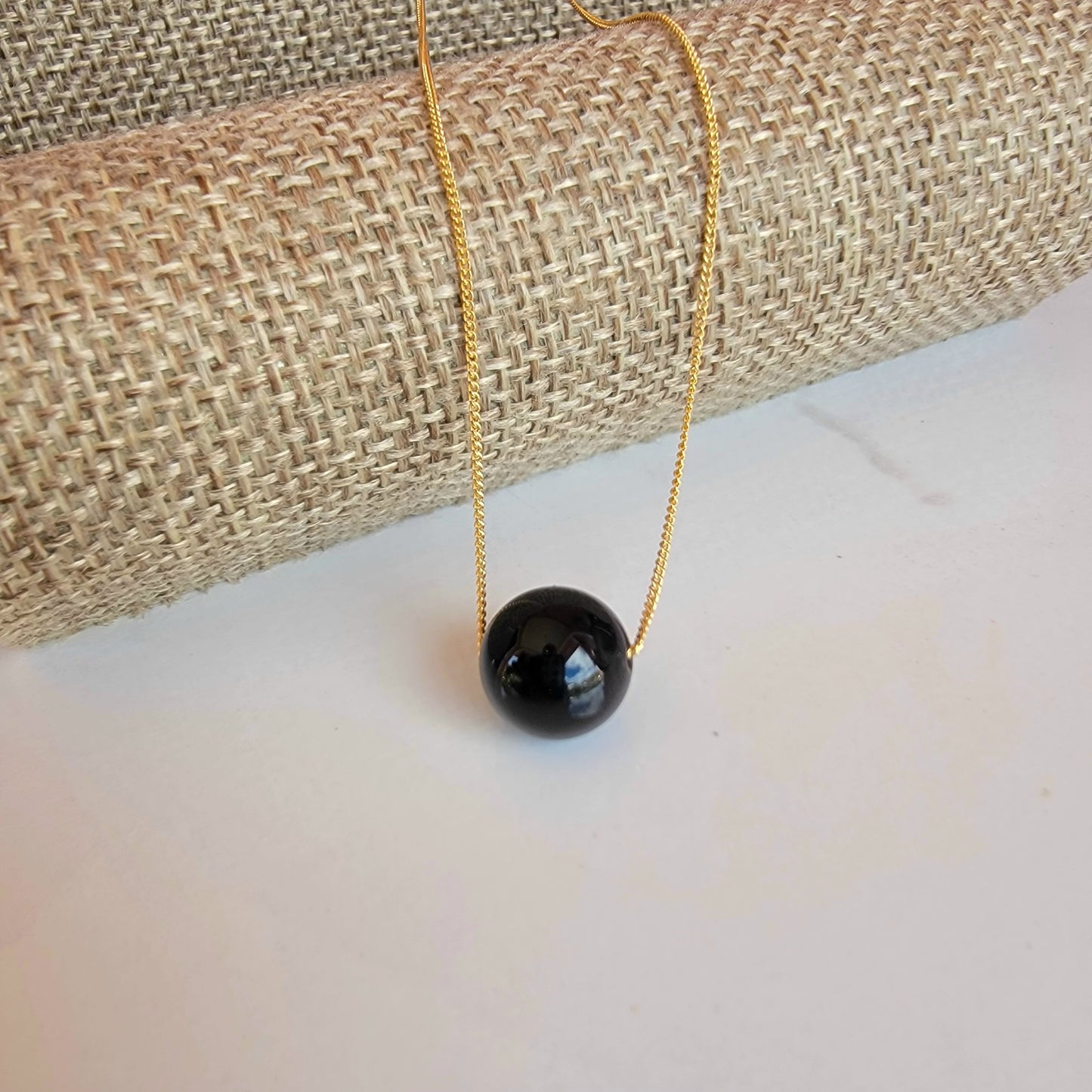 Black Onyx Floating Necklace Crystal Gemstone 14K Gold Filled Minimalist Jewelry Handmade