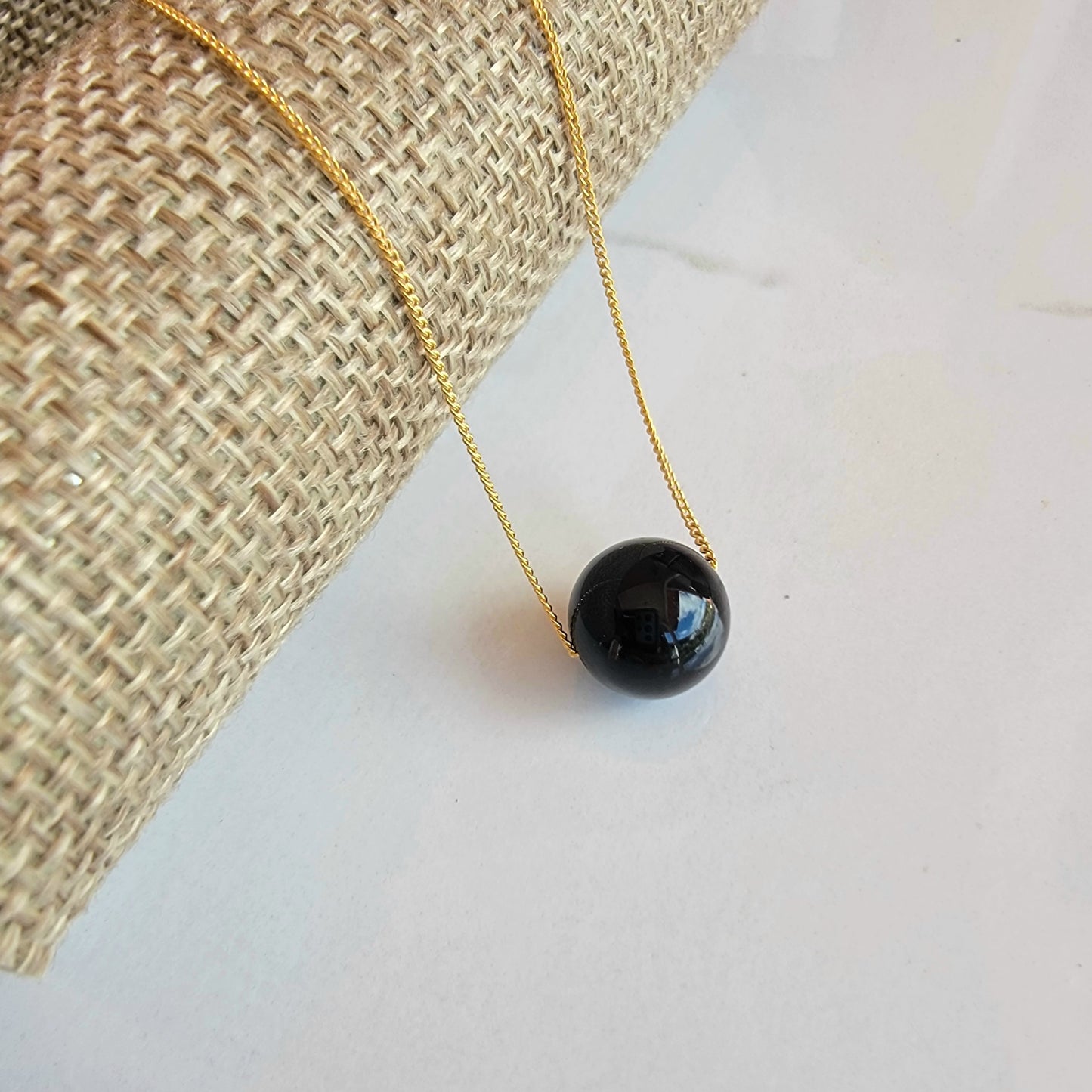 Black Onyx Floating Necklace Crystal Gemstone 14K Gold Filled Minimalist Jewelry Handmade
