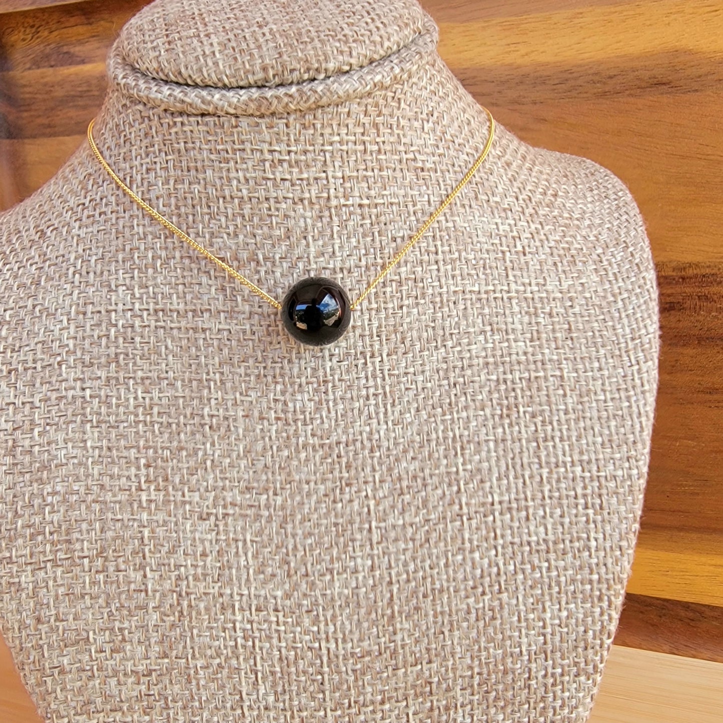 Black Onyx Floating Necklace Crystal Gemstone 14K Gold Filled Minimalist Jewelry Handmade