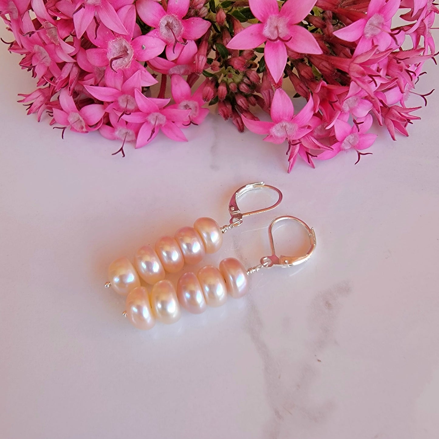 Peach Pink Pearl Earrings Real Freshwater Pearl Dangle Silver Handmade Wedding Bridal Jewelry June Birthstone