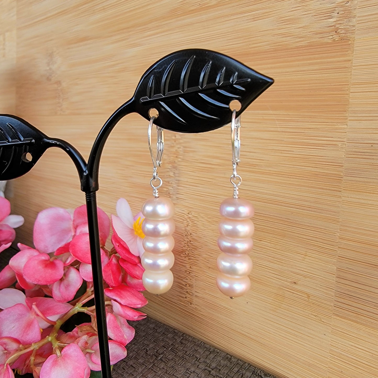 Peach Pink Pearl Earrings Real Freshwater Pearl Dangle Silver Handmade Wedding Bridal Jewelry June Birthstone