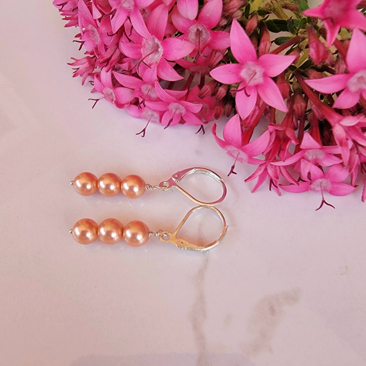 Peach Pearl Earrings Swarovski Drop Dangle Gemstone Boho Jewelry Sterling Silver