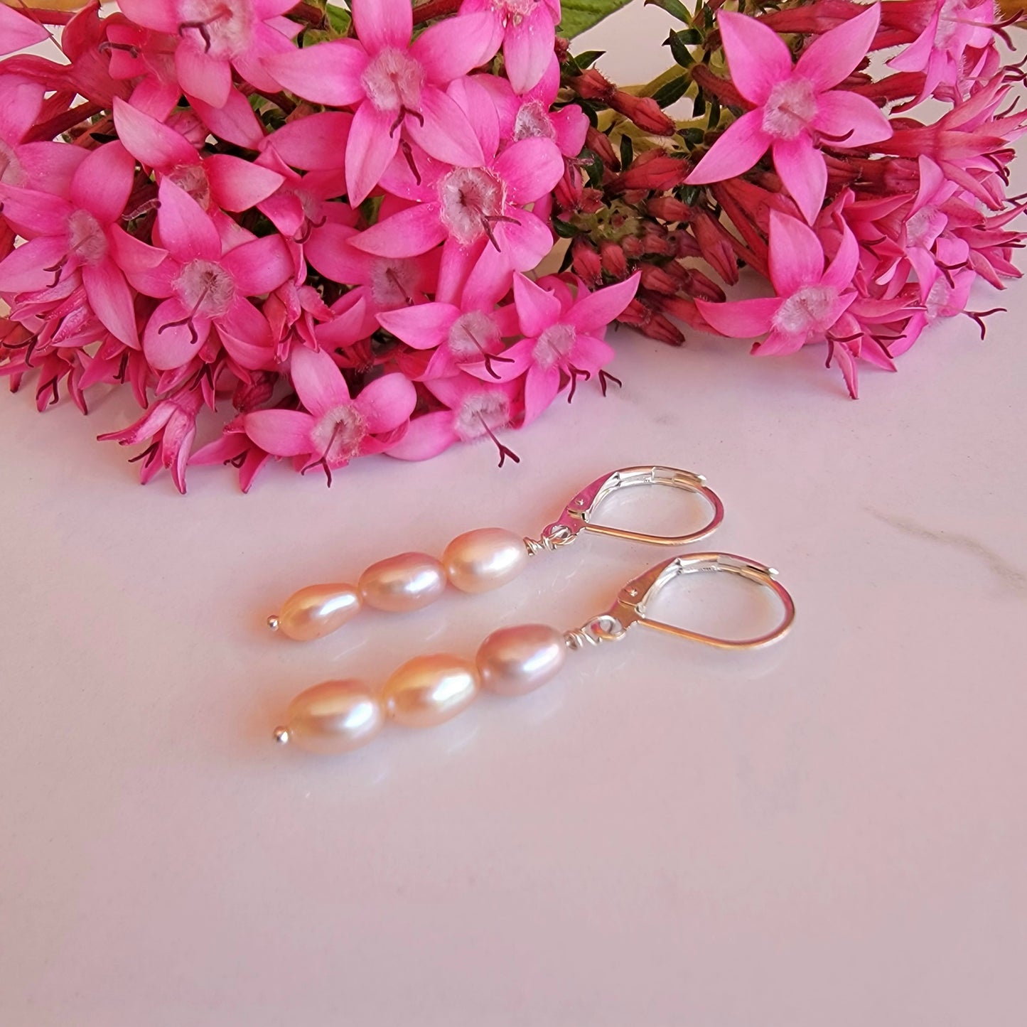 Pearl Drop Earrings Silver Dangle Handmade Bridal Wedding one Birthstone Freshwater Pearl Peach Pink