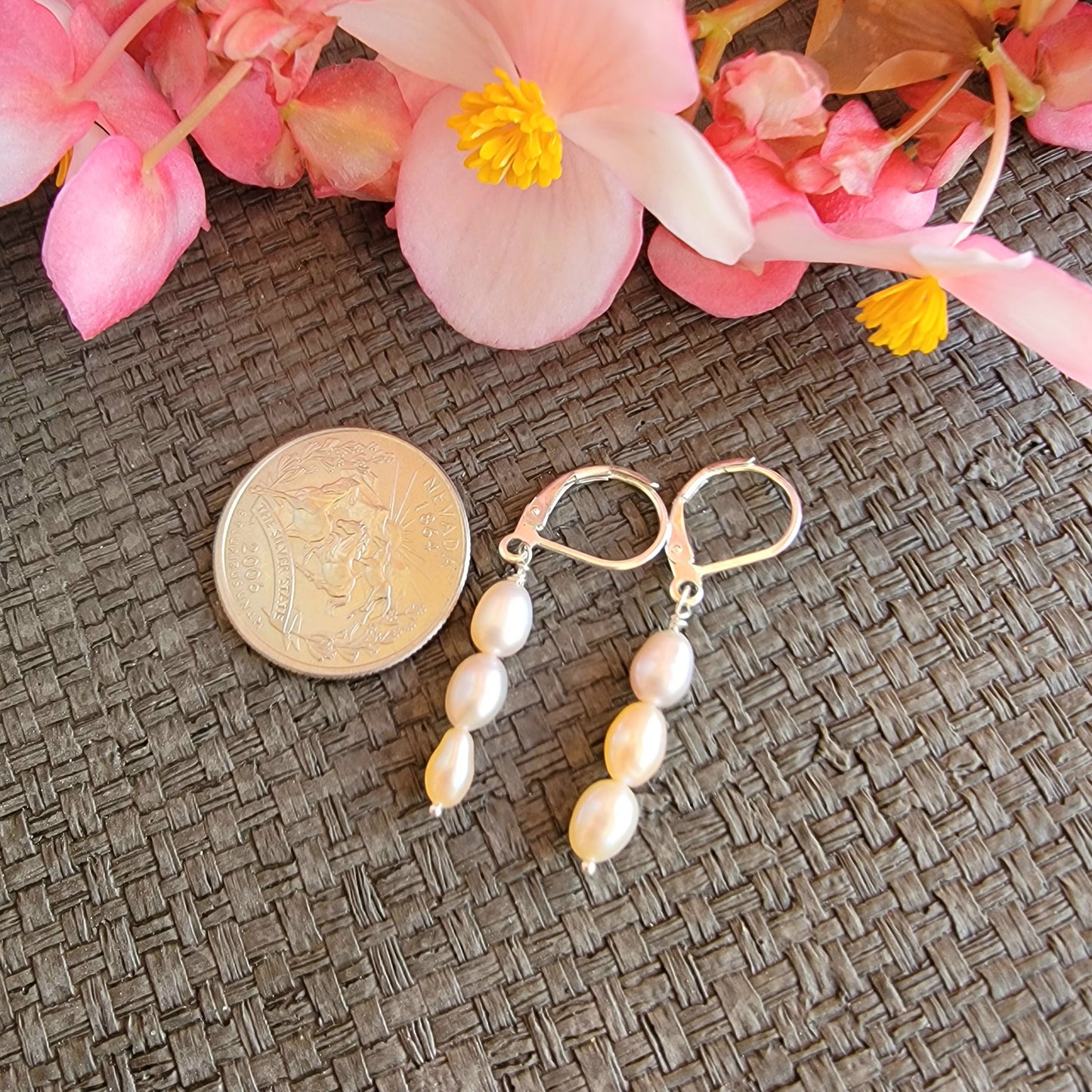 Pearl Drop Earrings Silver Dangle Handmade Bridal Wedding one Birthstone Freshwater Pearl Peach Pink