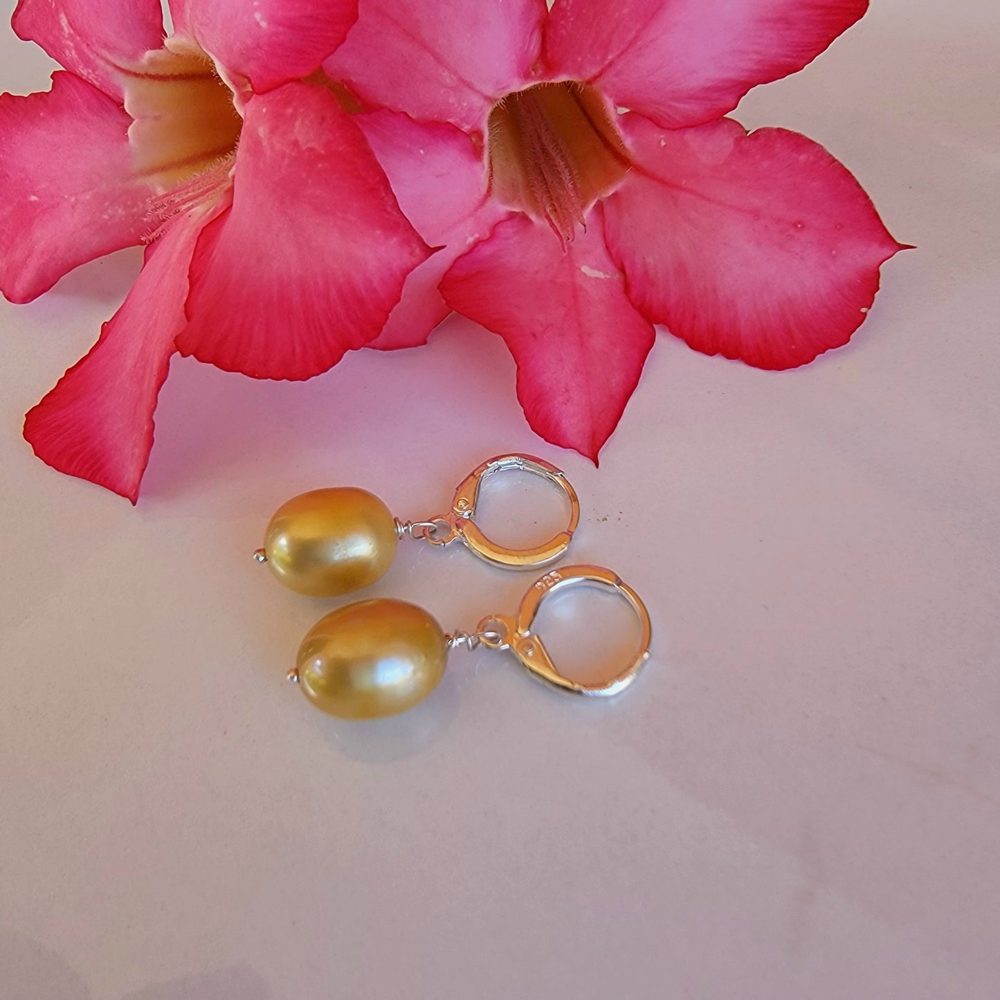 Golden Pearl Earrings Drop Dangle Gemstone Boho Jewelry Sterling Silver