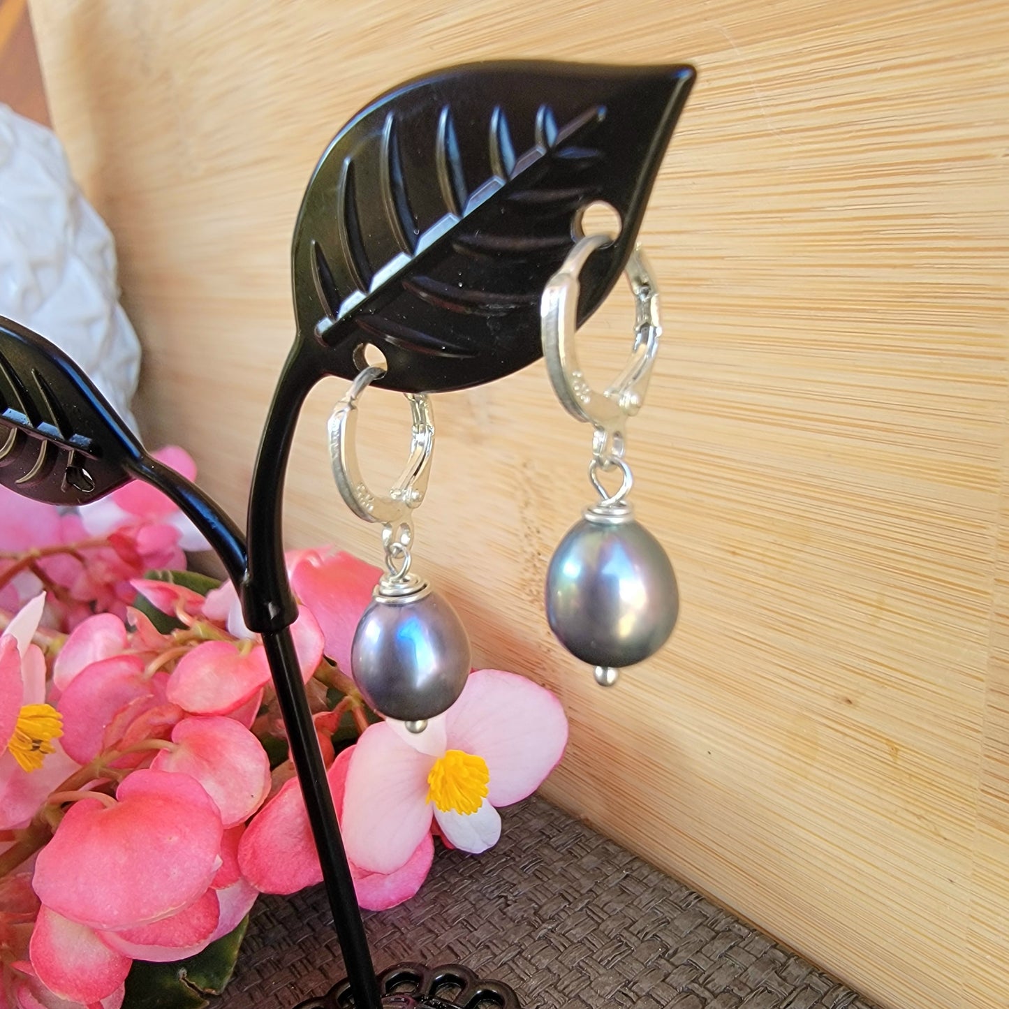 Black Pearl Earrings Drop Dangle Gemstone Boho Jewelry Sterling Silver
