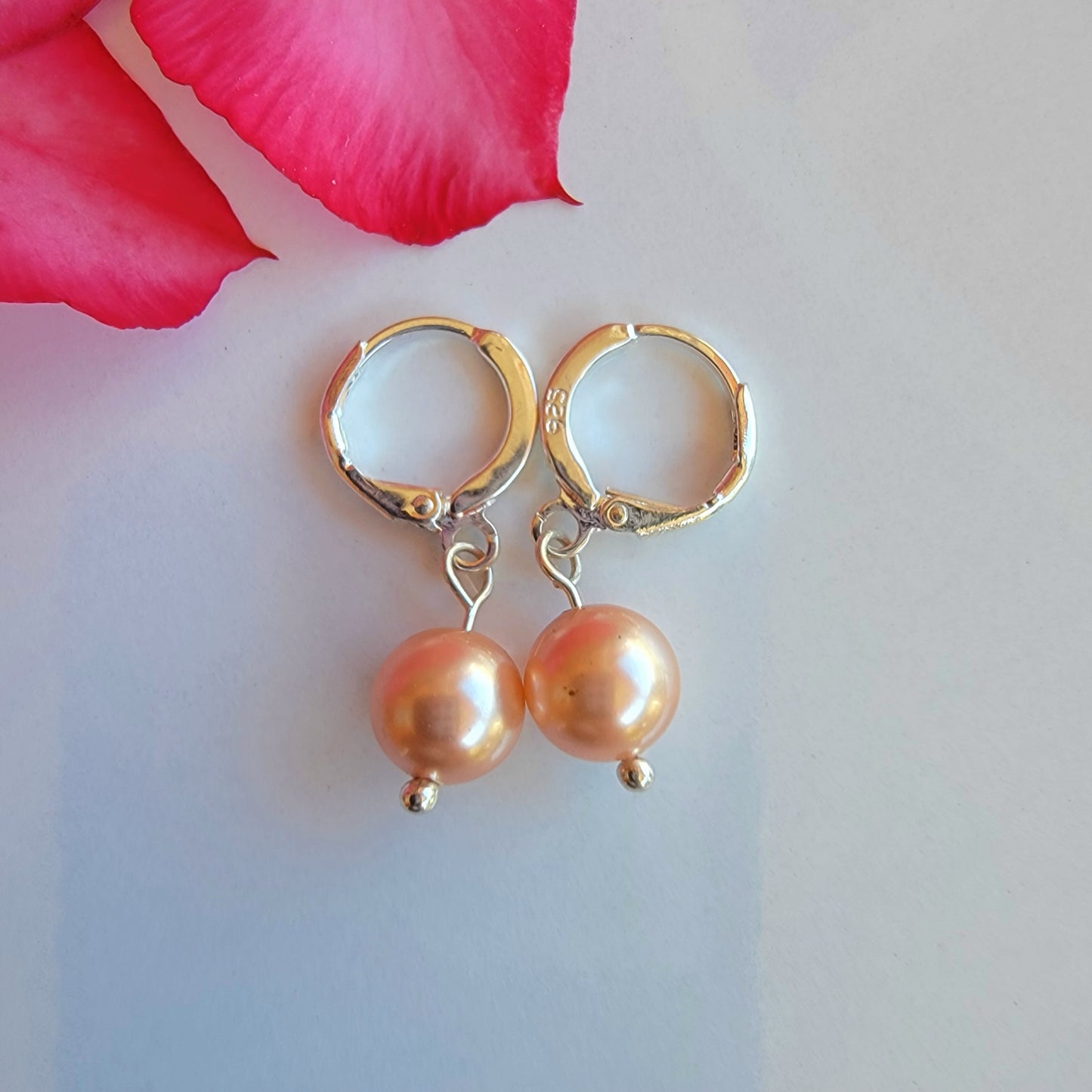 Peach Pearl Earrings Swarovski Drop Dangle Gemstone Boho Jewelry Sterling Silver