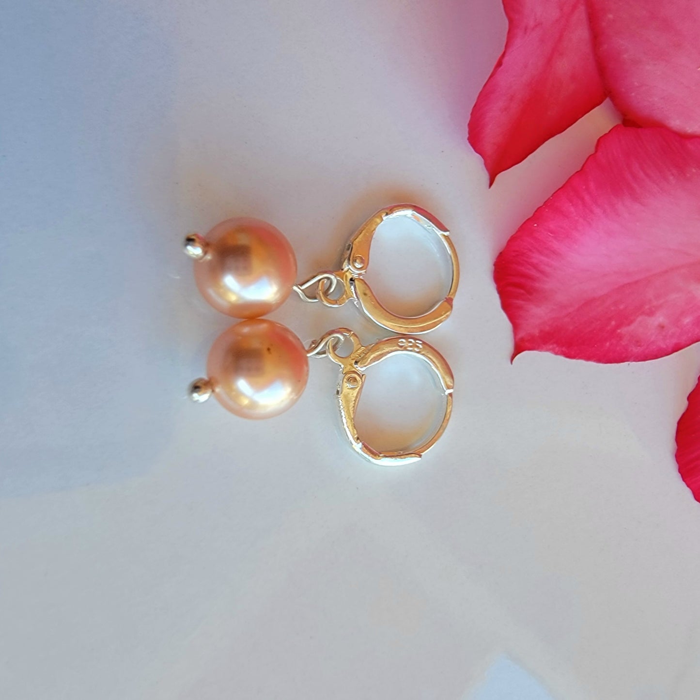 Peach Pearl Earrings Swarovski Drop Dangle Gemstone Boho Jewelry Sterling Silver